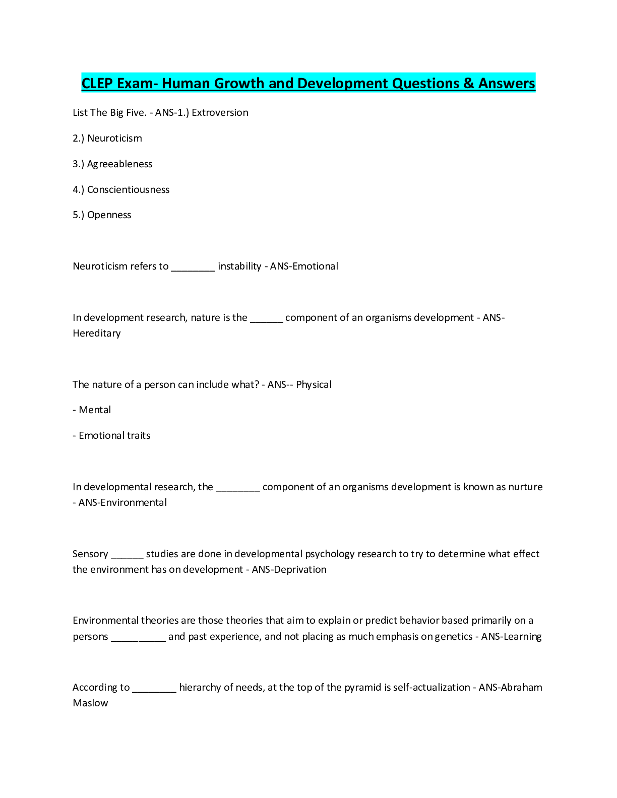 Preview image for CLEP Exam- Human Growth and Development Questions & Answers