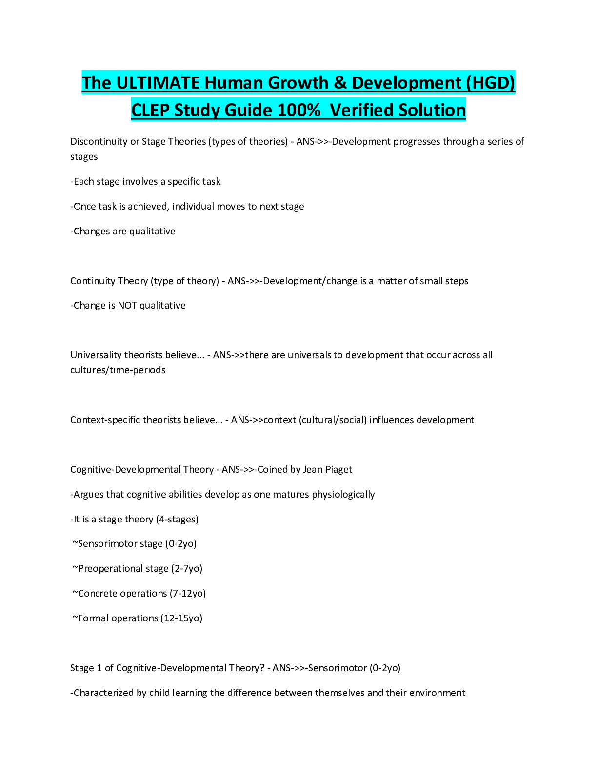 Preview image for The ULTIMATE Human Growth & Development (HGD)  CLEP Study Guide 100% Verified Solution