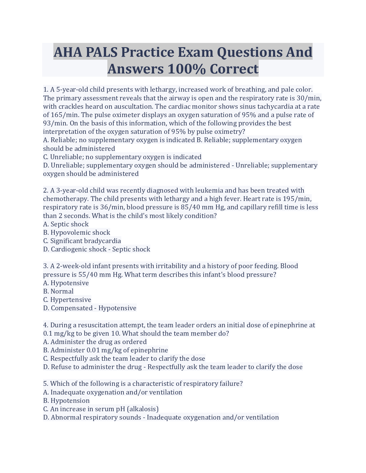 Recommended document preview for AHA PALS Practice Exam Questions And Answers 100% Correct