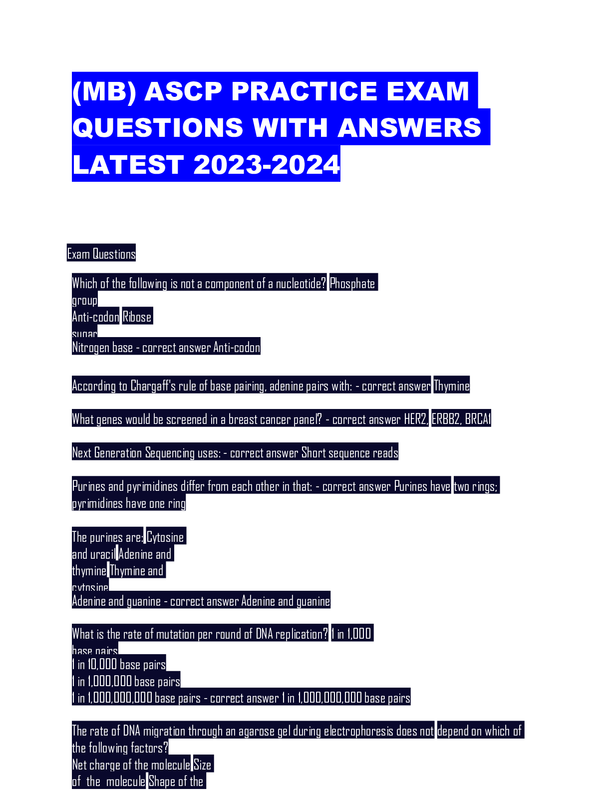 Preview of (MB) ASCP PRACTICE EXAM QUESTIONS WITH ANSWERS LATEST 2023-2024