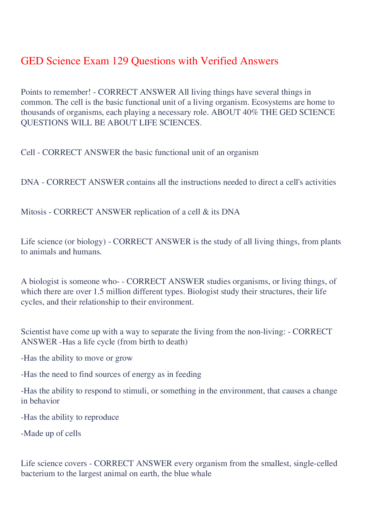 Preview of GED Science Exam 129 Questions with Verified Answers,100% CORRECT