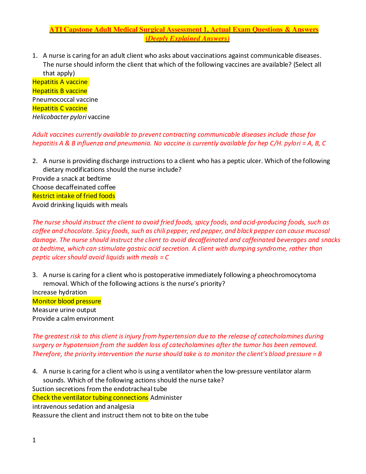 Preview of ATI Capstone Adult Medical Surgical Assessment 1, Actual Exam Questions &amp; Answers (Deeply Explained Answers)
