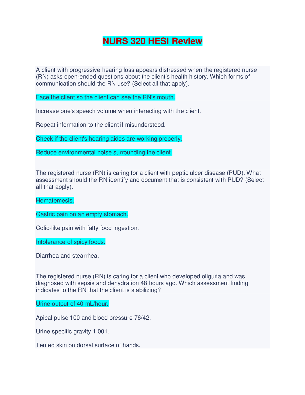 NURS 320 HESI Review - Questions and Answers