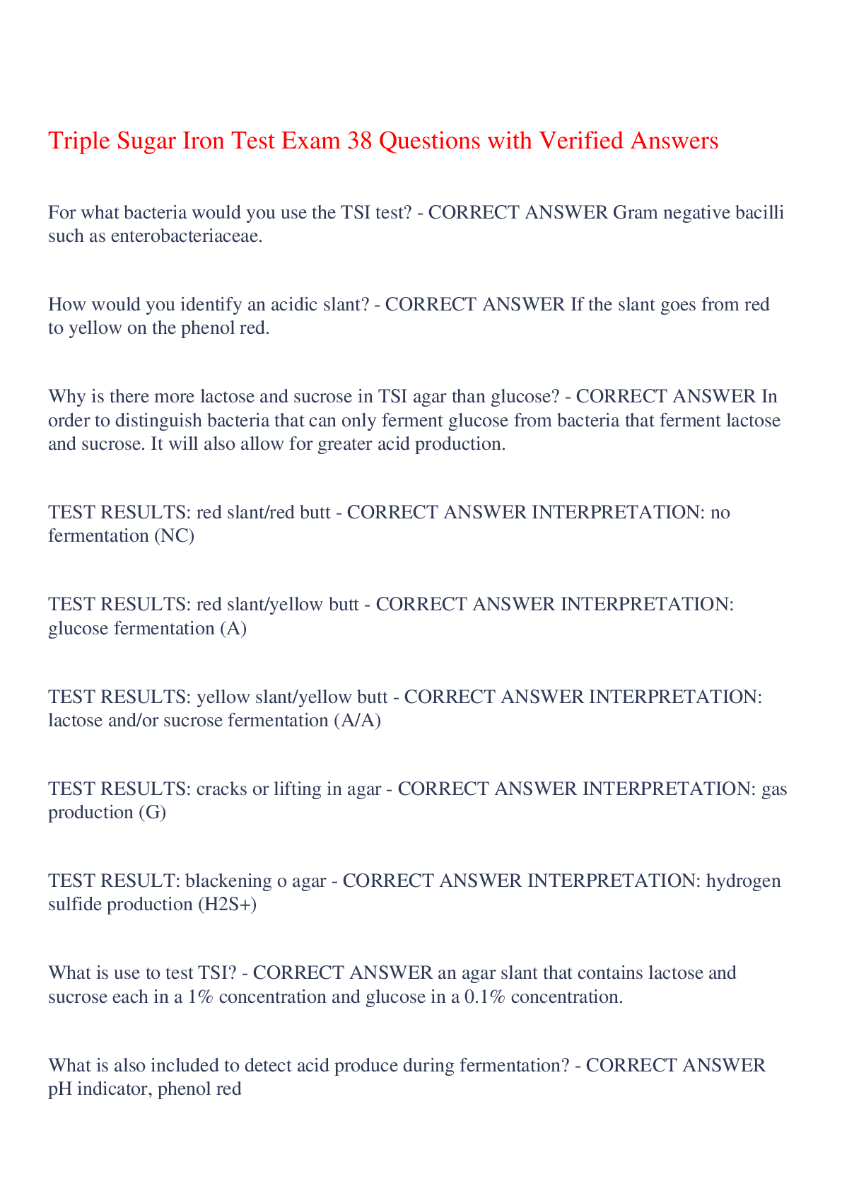 Preview image for Triple Sugar Iron Test Exam 38 Questions with Verified Answers,100% CORRECT