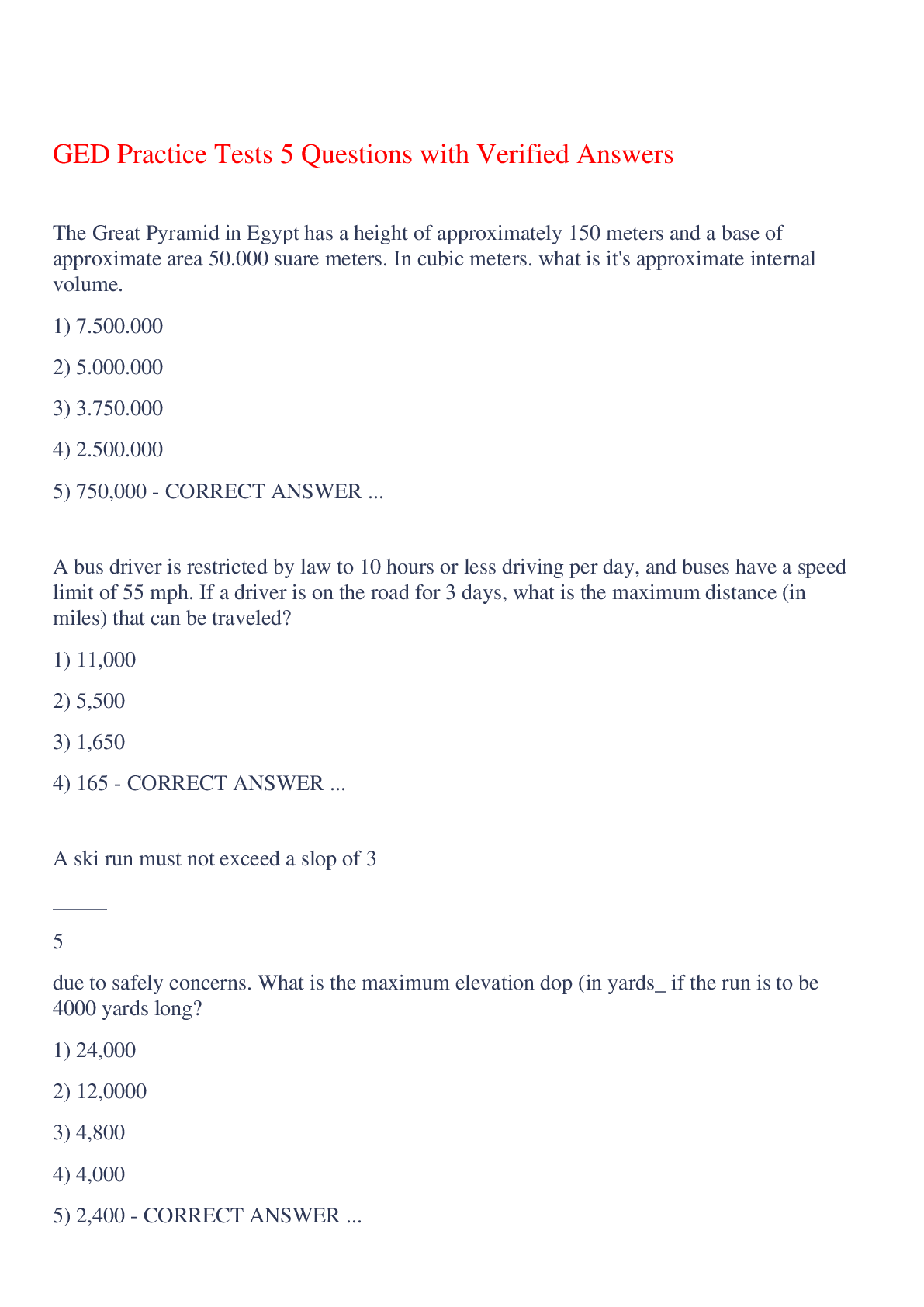 Preview of GED Practice Tests 5 Questions with Verified Answers,100% CORRECT