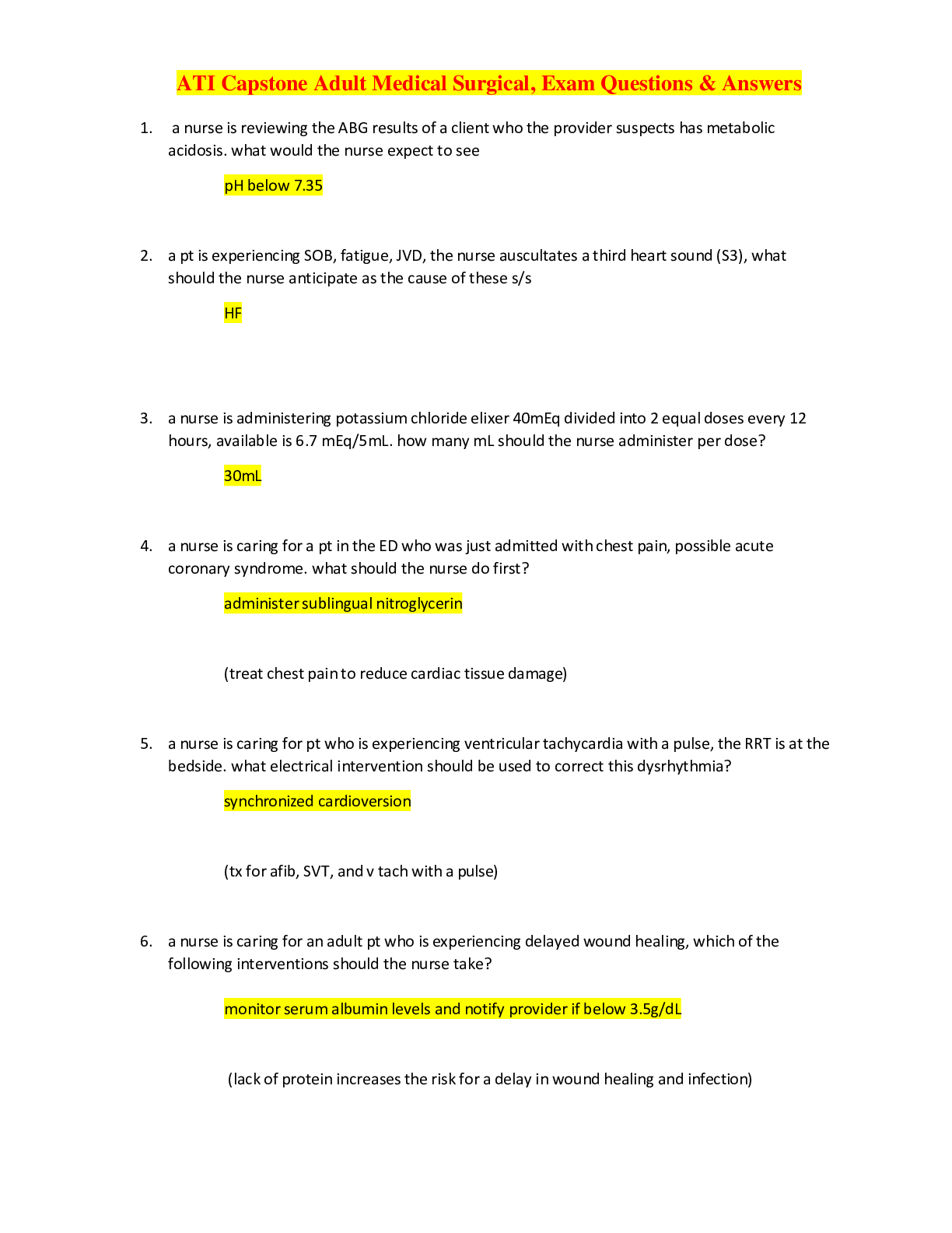 Preview of ATI Capstone Adult Medical Surgical, Exam Questions &amp; Answers