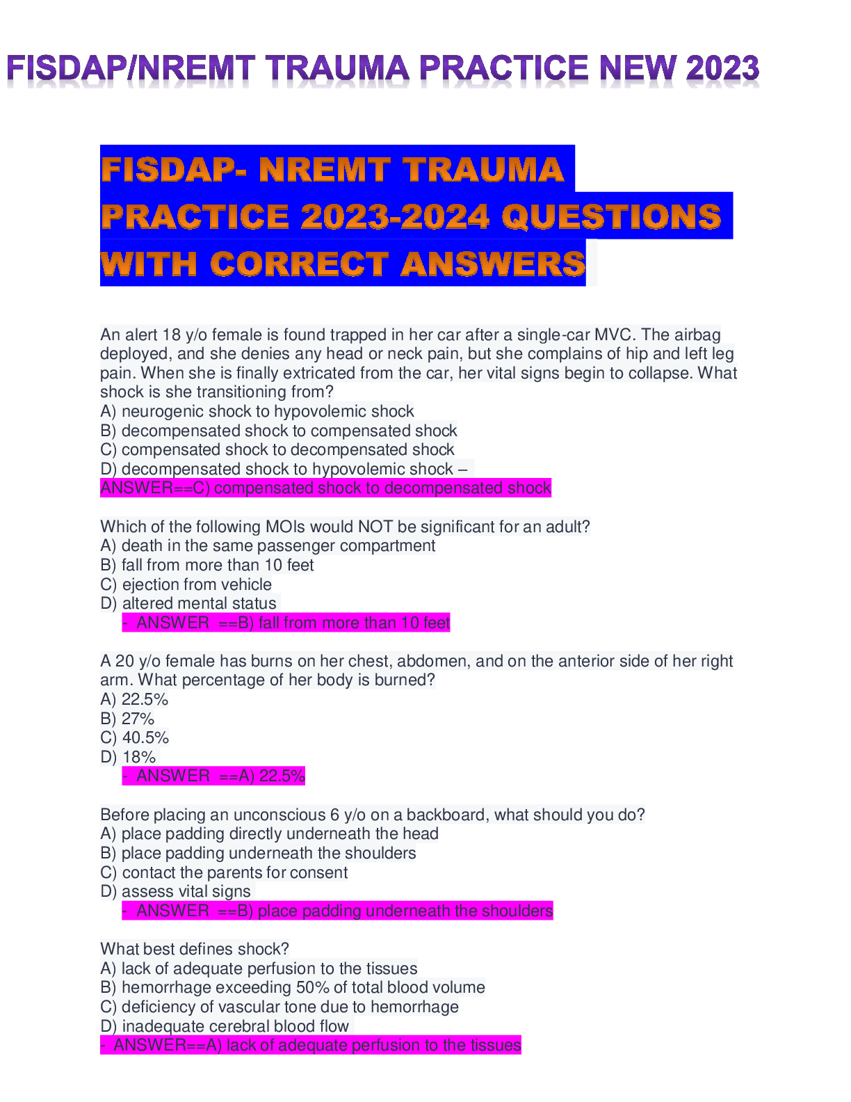 Preview of FISDAP- NREMT TRAUMA PRACTICE 2023-2024 QUESTIONS WITH CORRECT ANSWERS