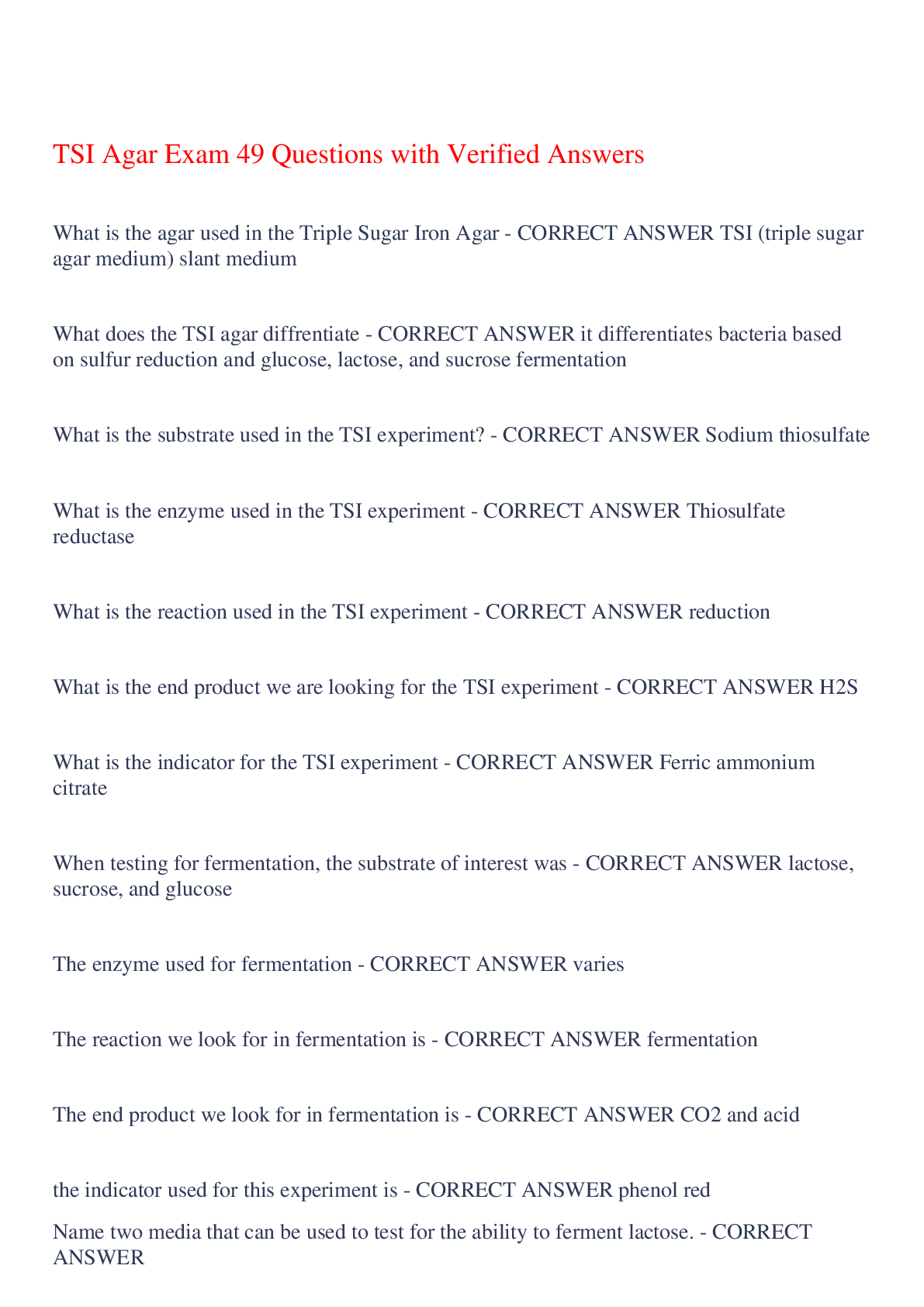 Preview of TSI Agar Exam 49 Questions with Verified Answers,100% CORRECT