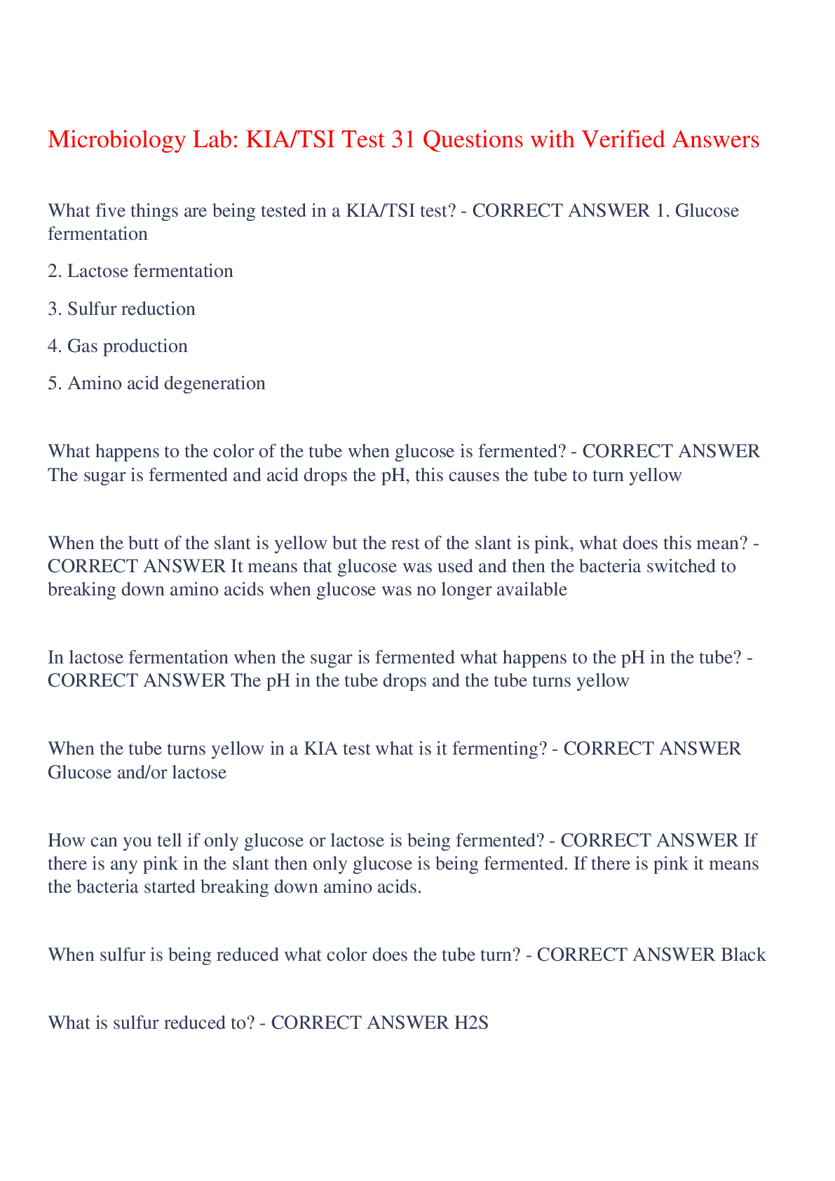 Preview of Microbiology Lab: KIA/TSI Test 31 Questions with Verified Answers,100% CORRECT