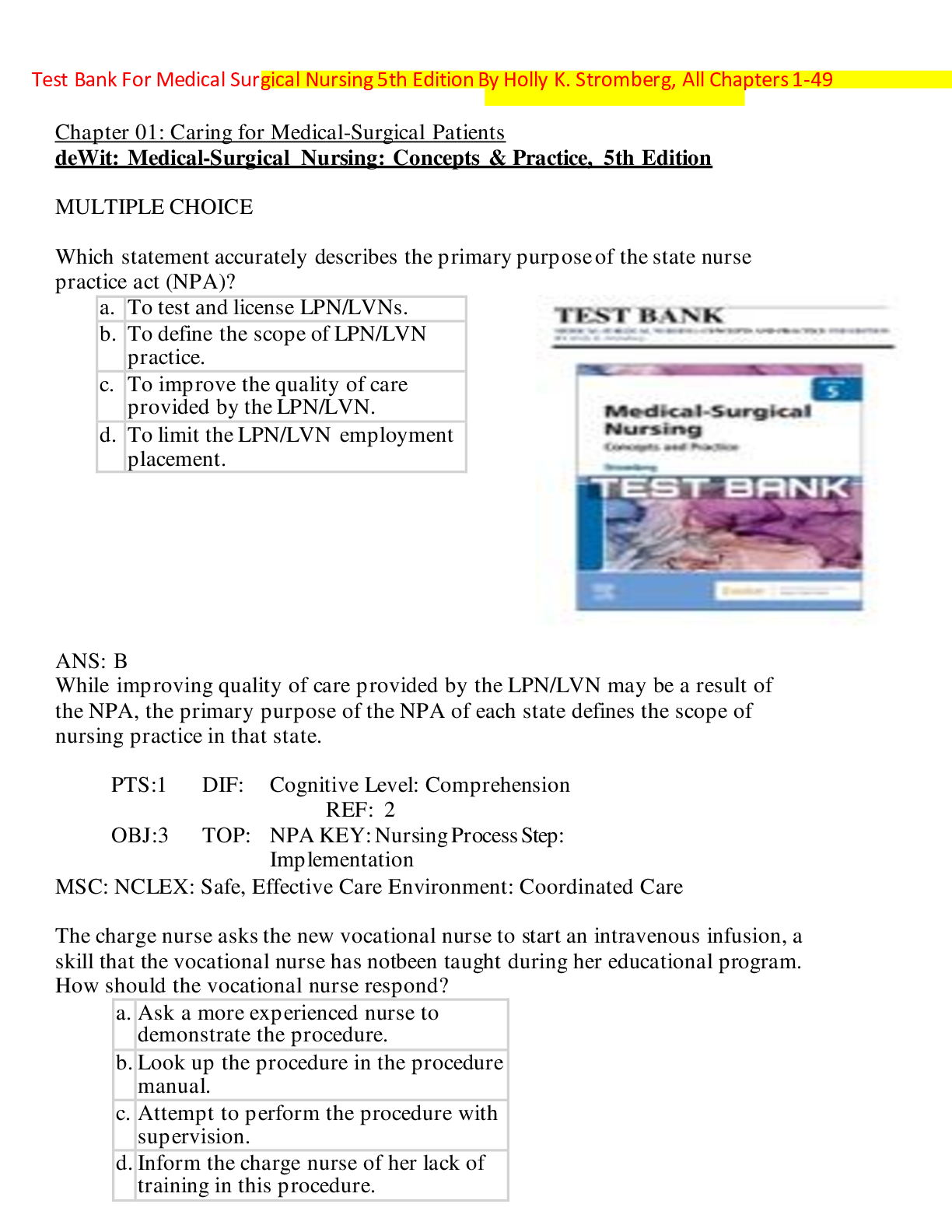 Preview image for Test Bank For Medical Surgical Nursing 5th Edition By Holly K. Stromberg Chapter 1-49 Newest Version 2023