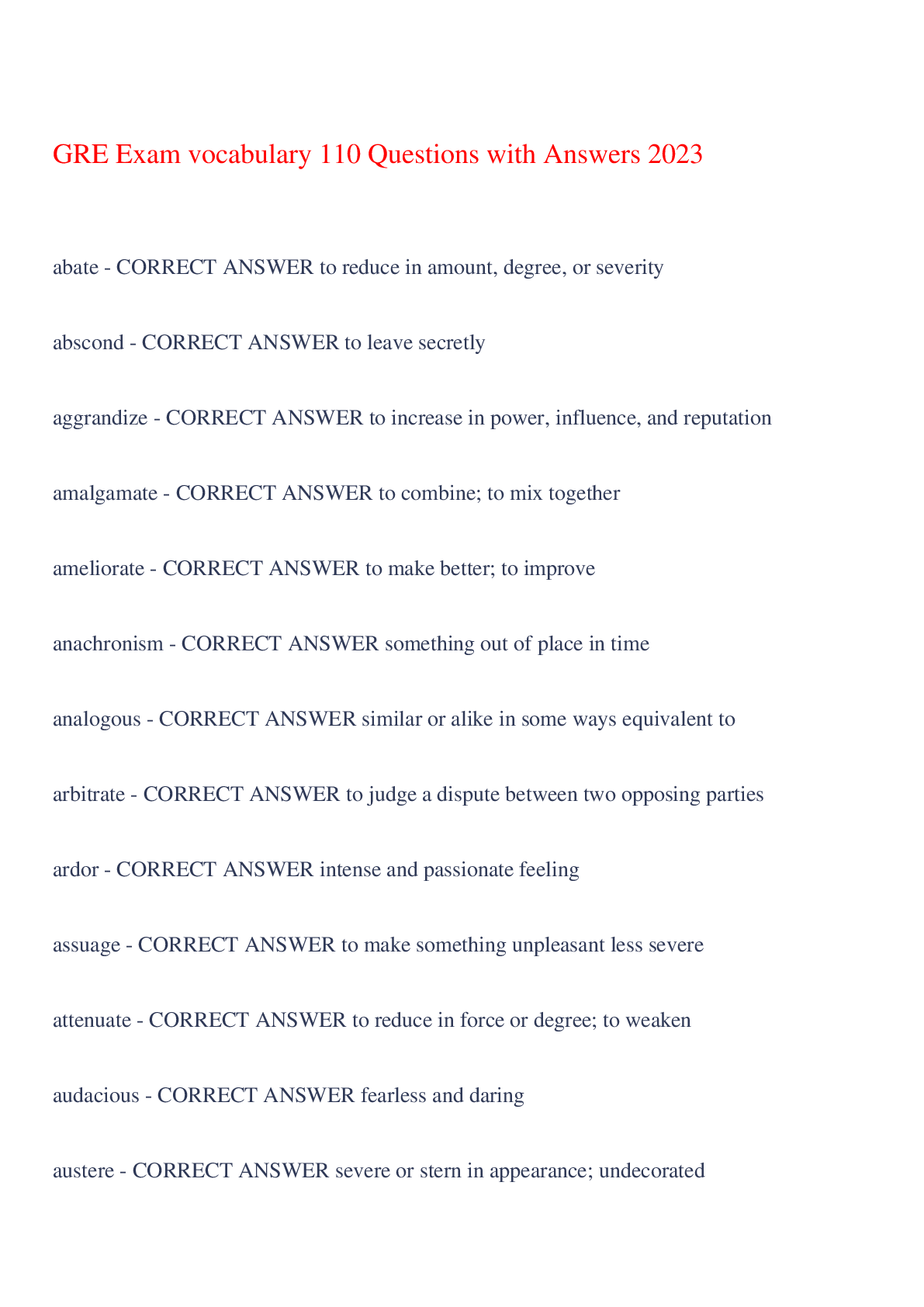 Preview image for GRE Exam vocabulary 110 Questions with Answers 2023,100% CORRECT