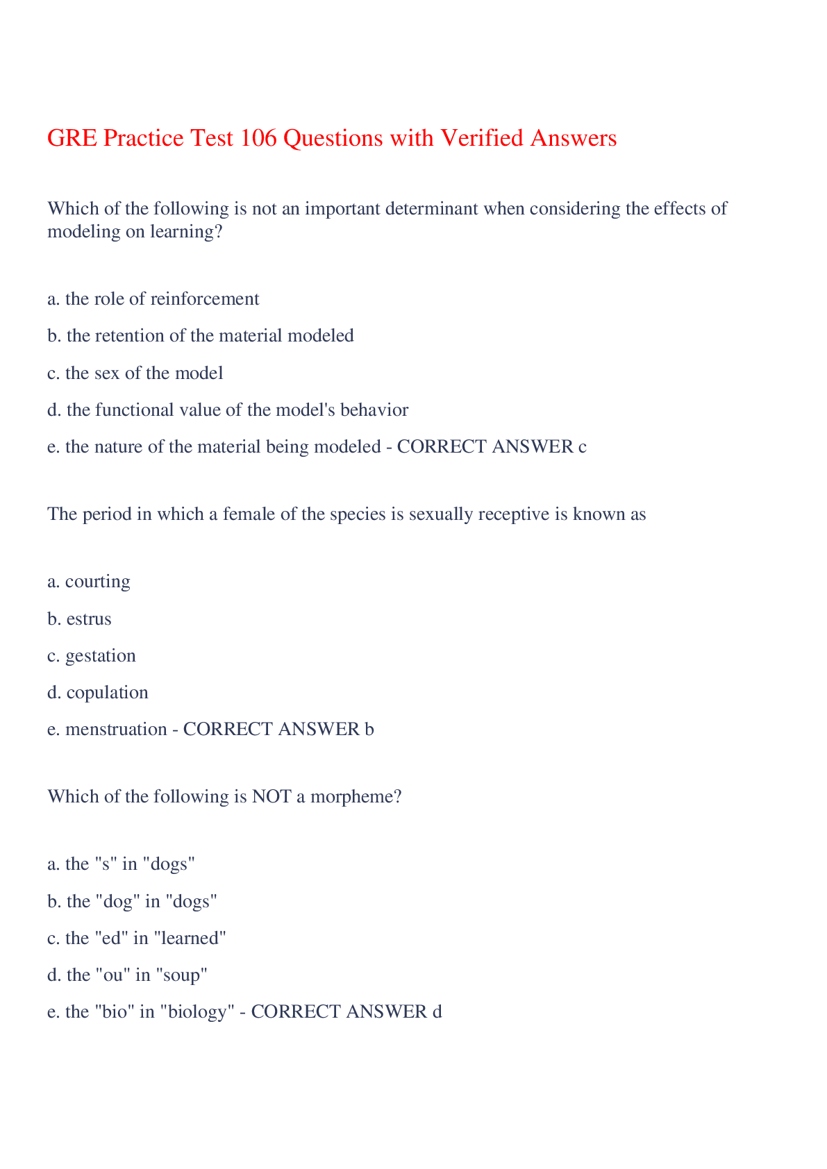 Preview of GRE Practice Test 106 Questions with Verified Answers,100% CORRECT