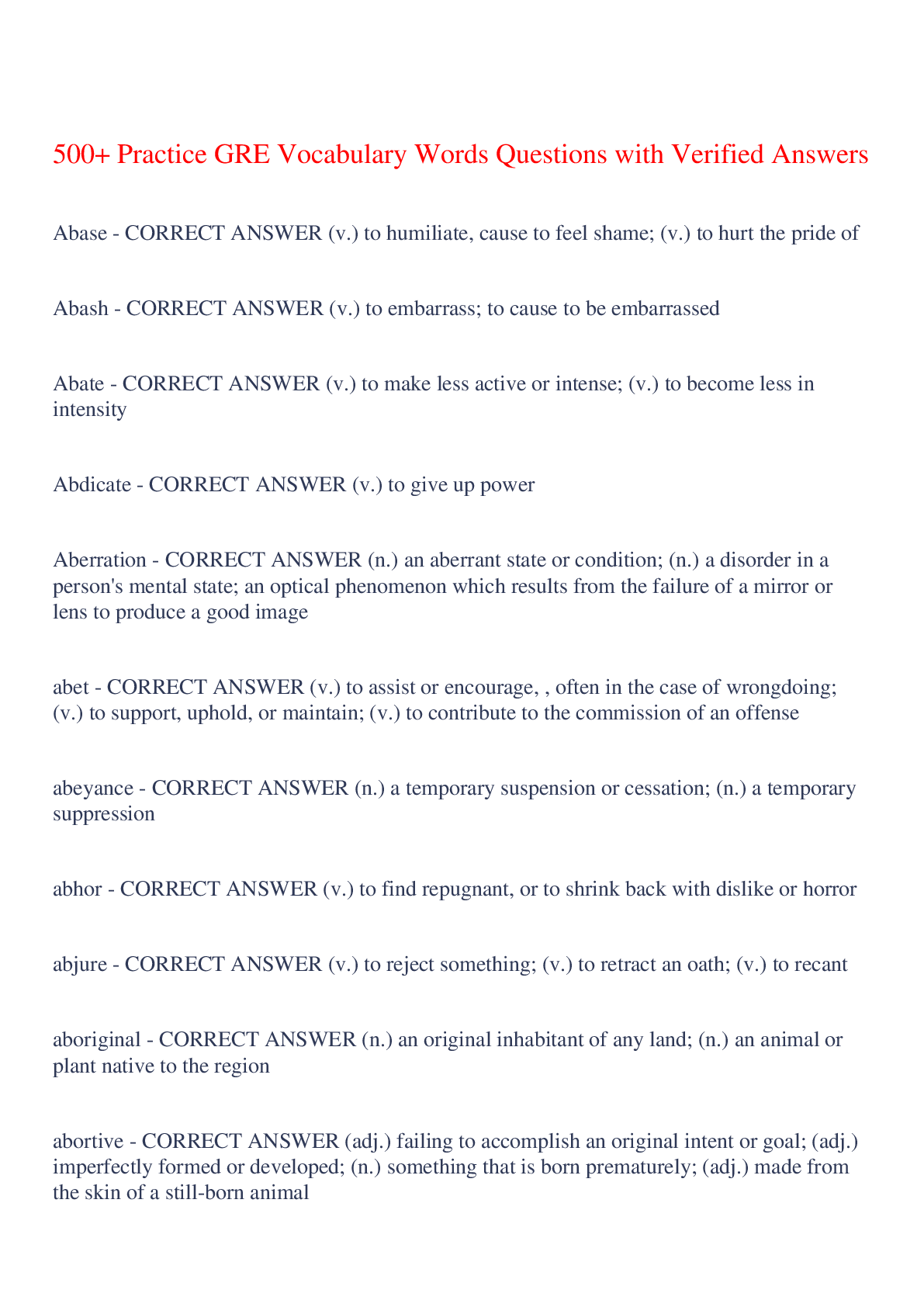 Preview of 500+ Practice GRE Vocabulary Words Questions with Verified Answers,100% CORRECT