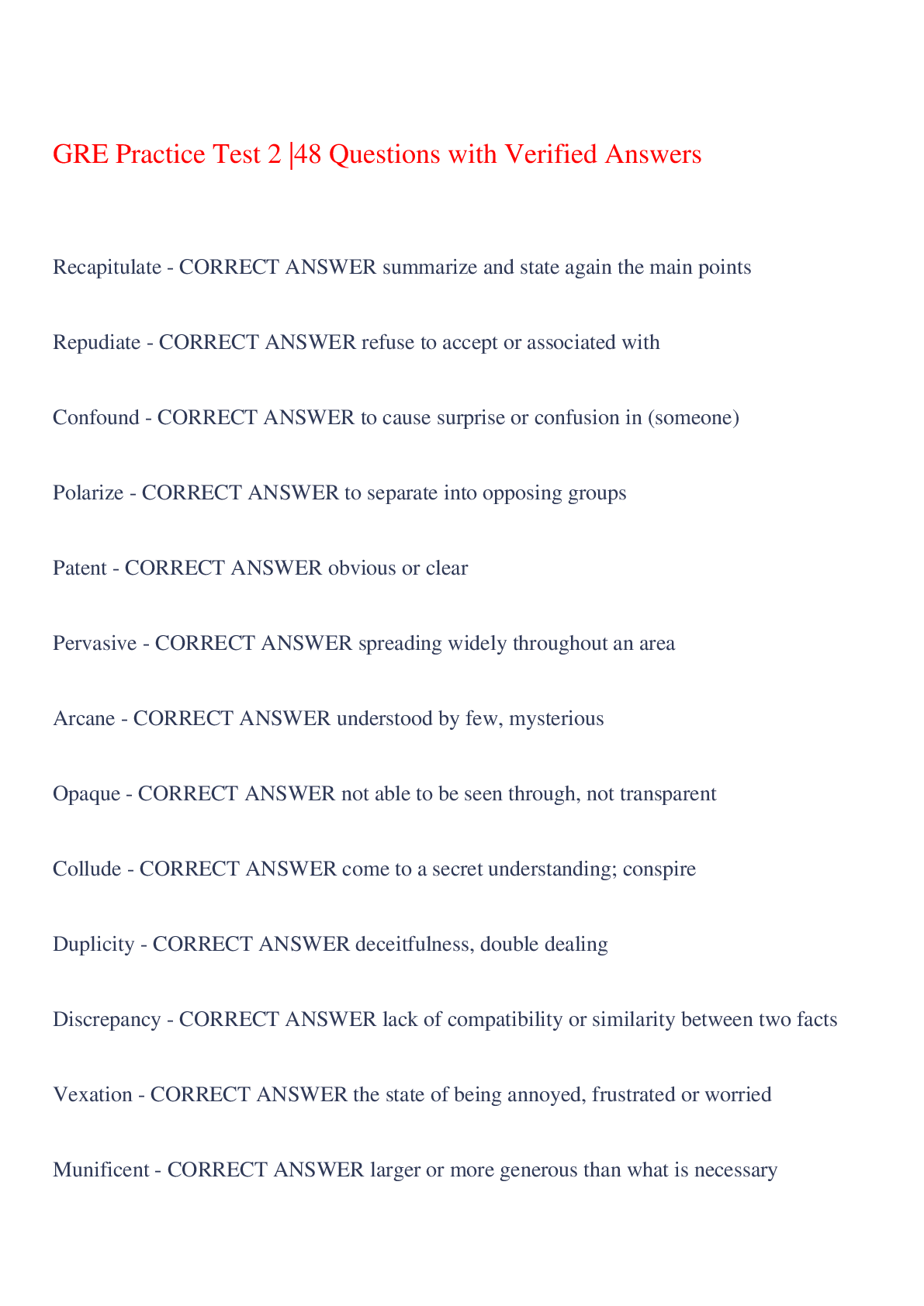 Preview image for GRE Practice Test 2 |48 Questions with Verified Answers,100% CORRECT