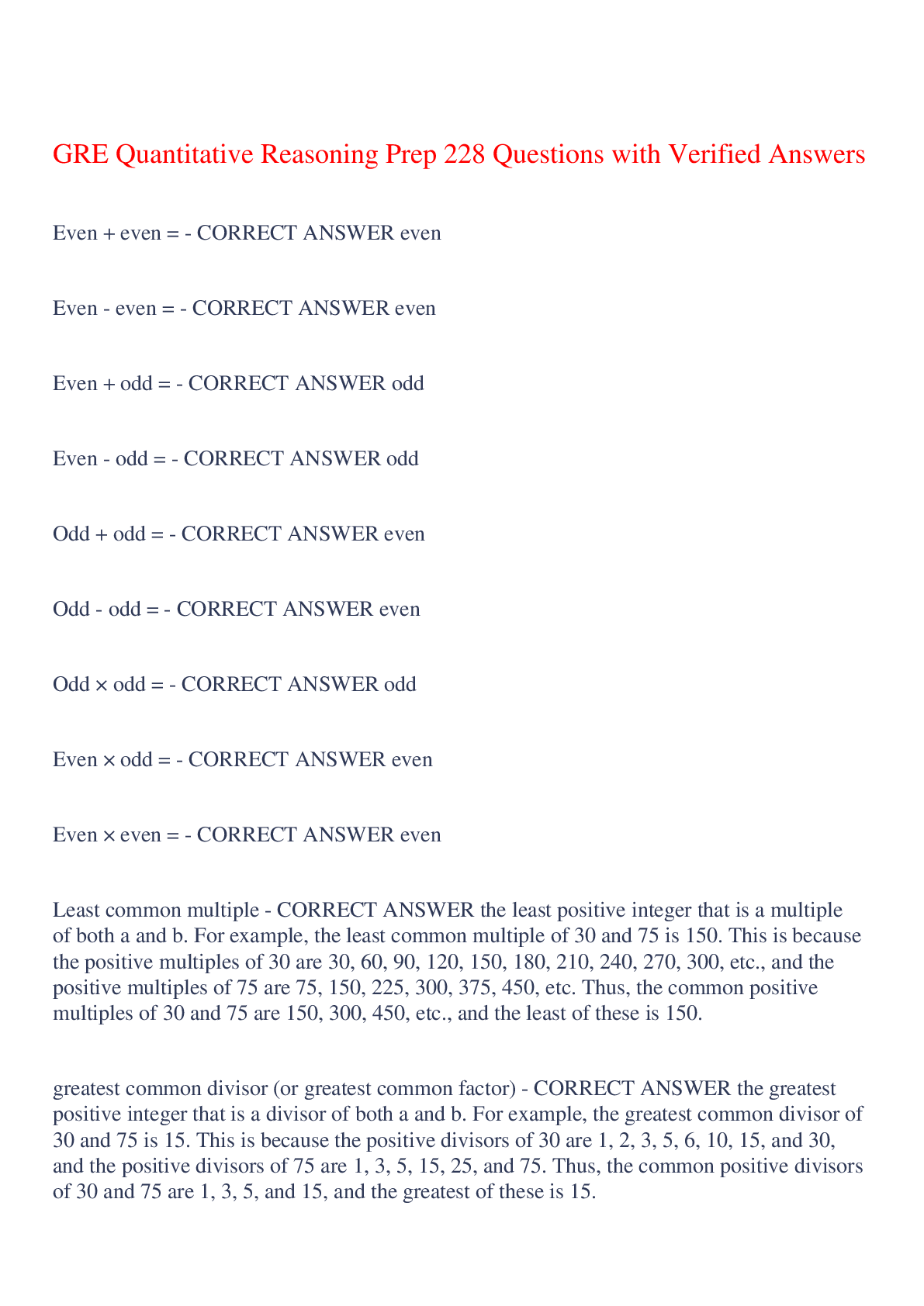 Preview of GRE Quantitative Reasoning Prep 228 Questions with Verified Answers,100% CORRECT