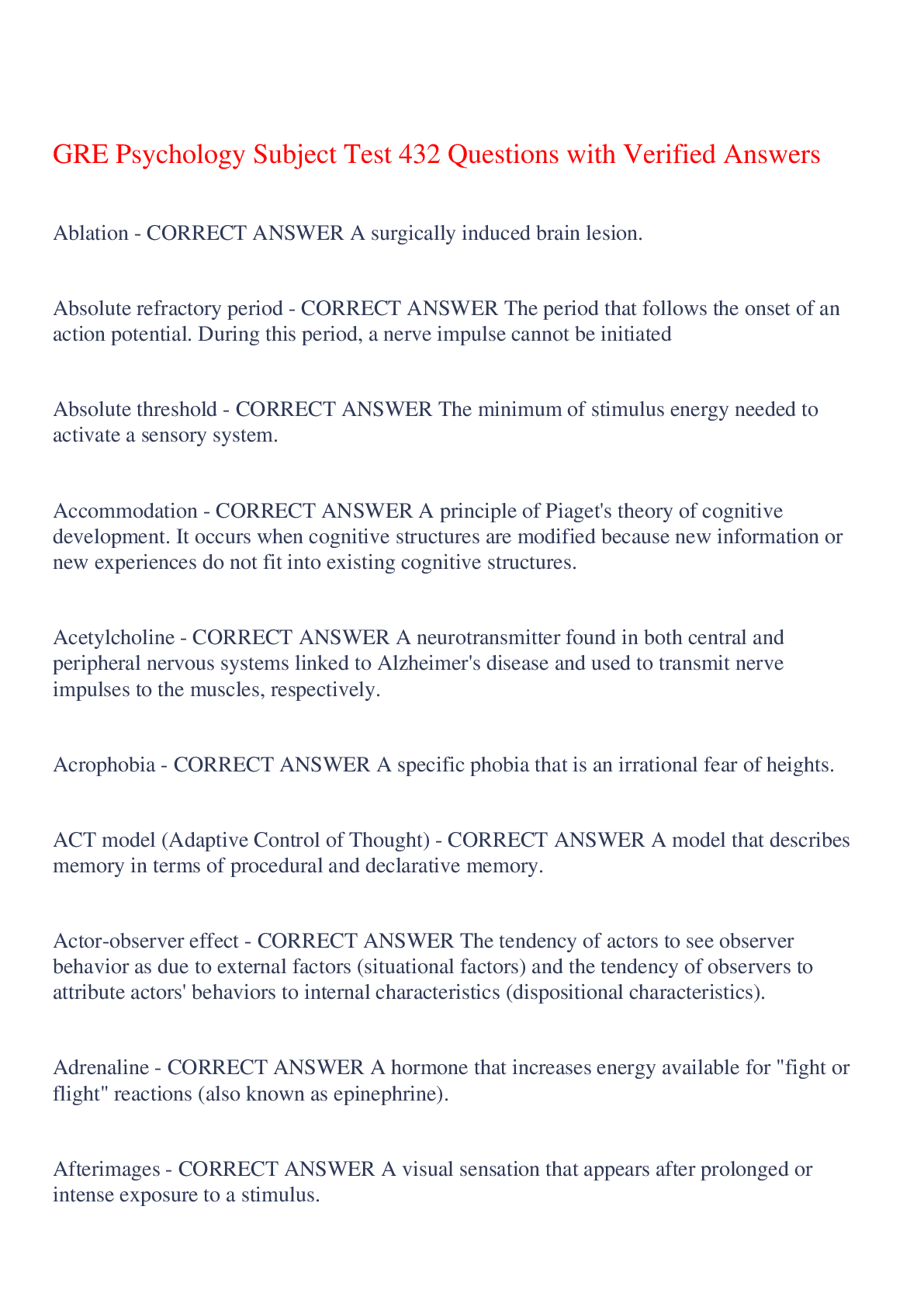 Preview of GRE Psychology Subject Test 432 Questions with Verified Answers,100% CORRECT