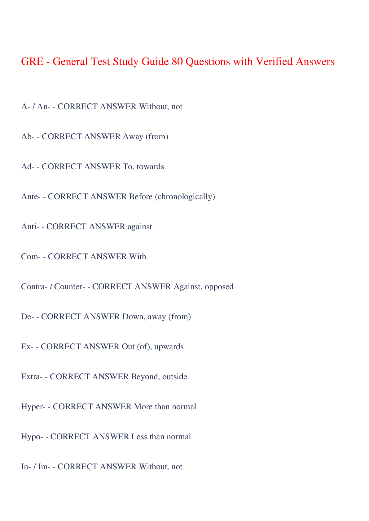 Preview of GRE - General Test Study Guide 80 Questions with Verified Answers,100% CORRECT