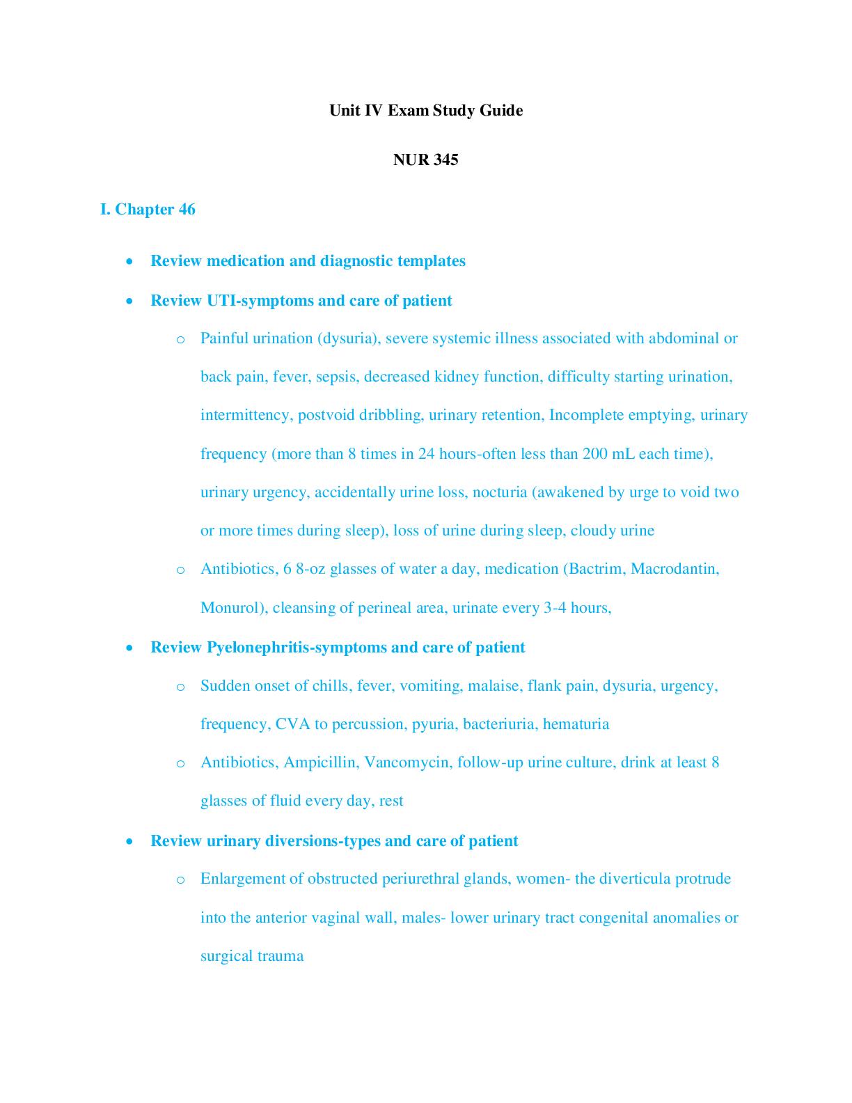 Preview image for Adult Health II Unit IV Exam Study Guide NUR 345