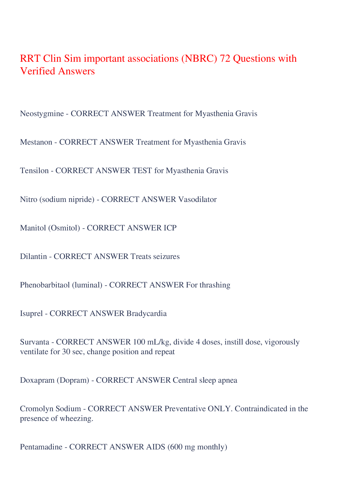 Preview image for RRT Clin Sim important associations (NBRC) 72 Questions with Verified Answers,100% CORRECT