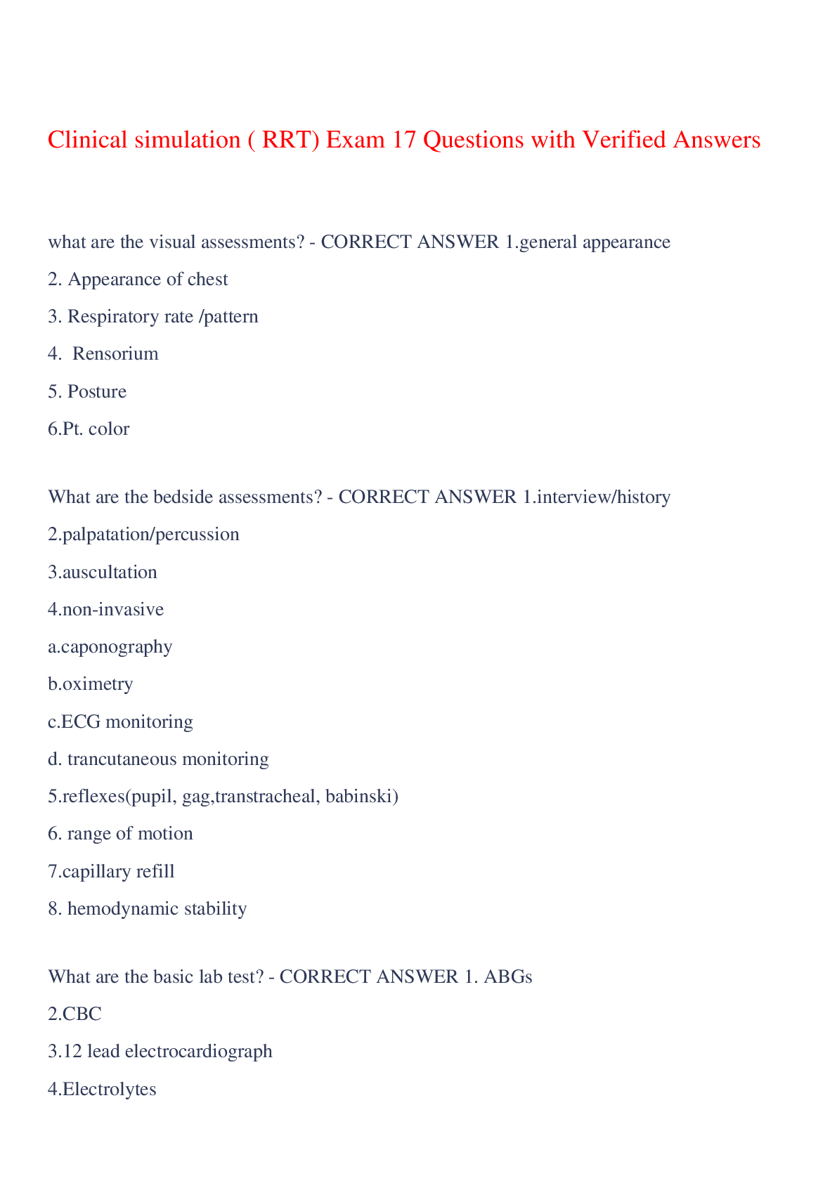 Preview image for Clinical simulation ( RRT) Exam 17 Questions with Verified Answers,100% CORRECT