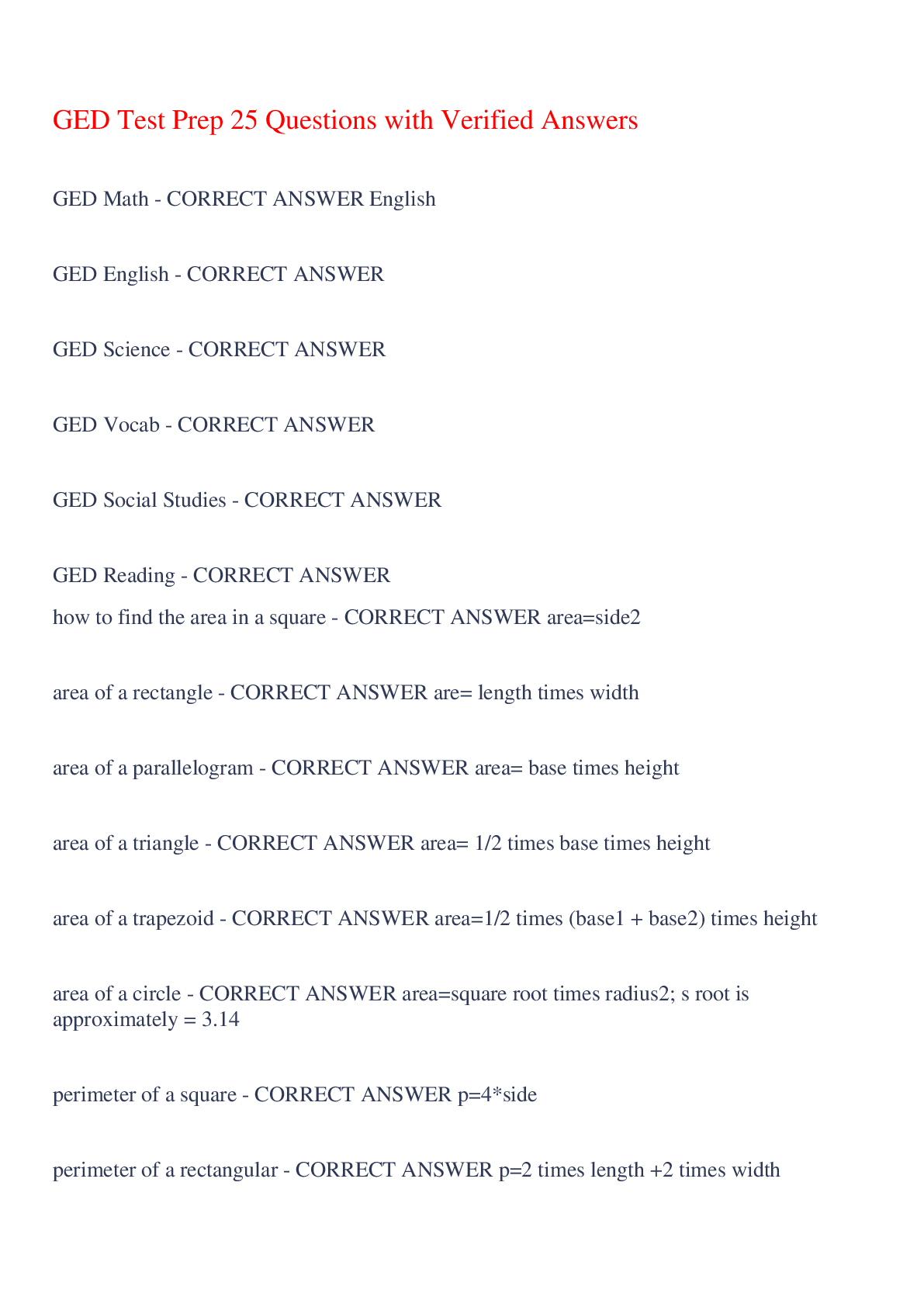 Preview of GED Test Prep 25 Questions with Verified Answers,100% CORRECT