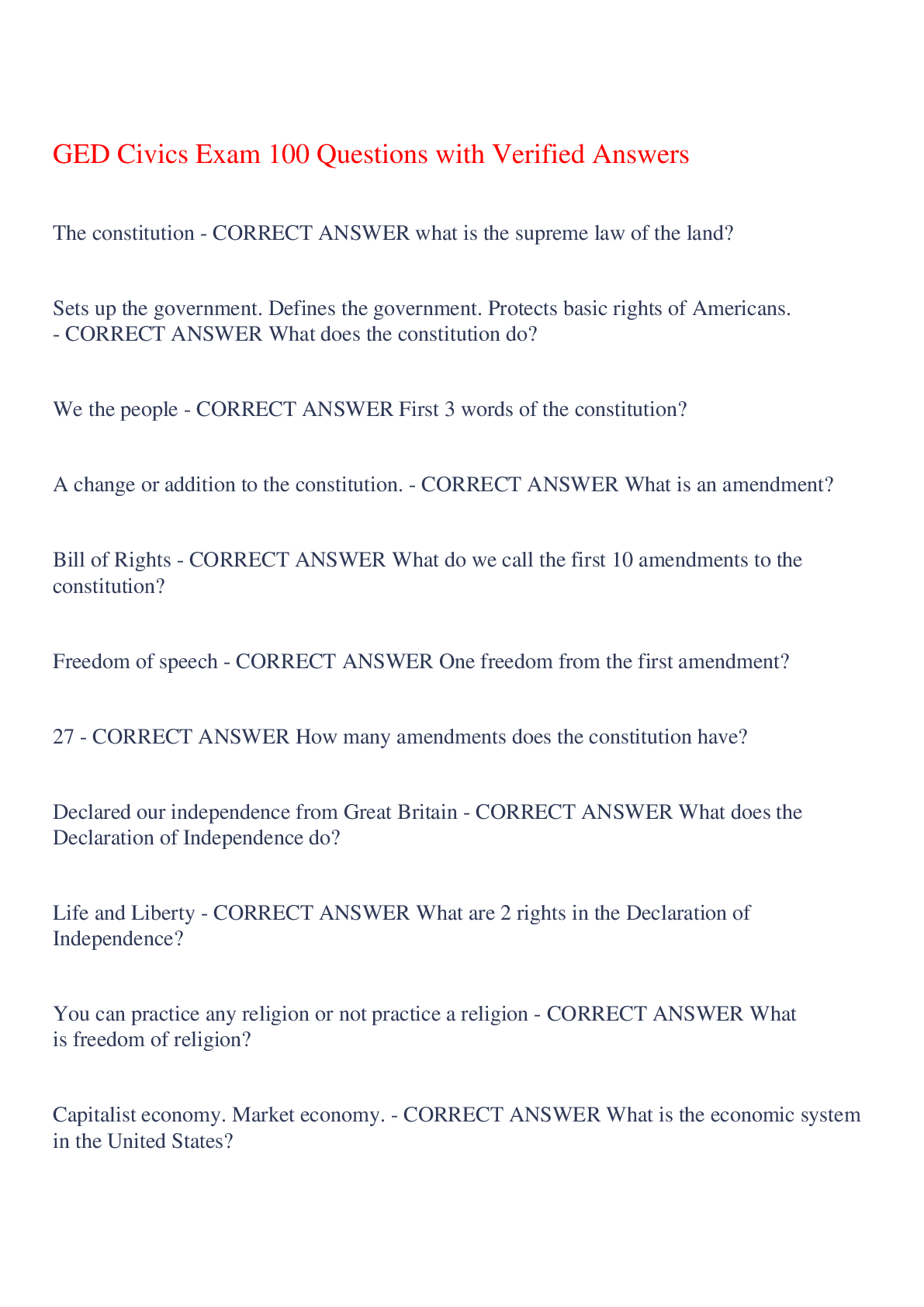Preview image of GED Civics Exam 100 Questions with Verified Answers,100% CORRECT document