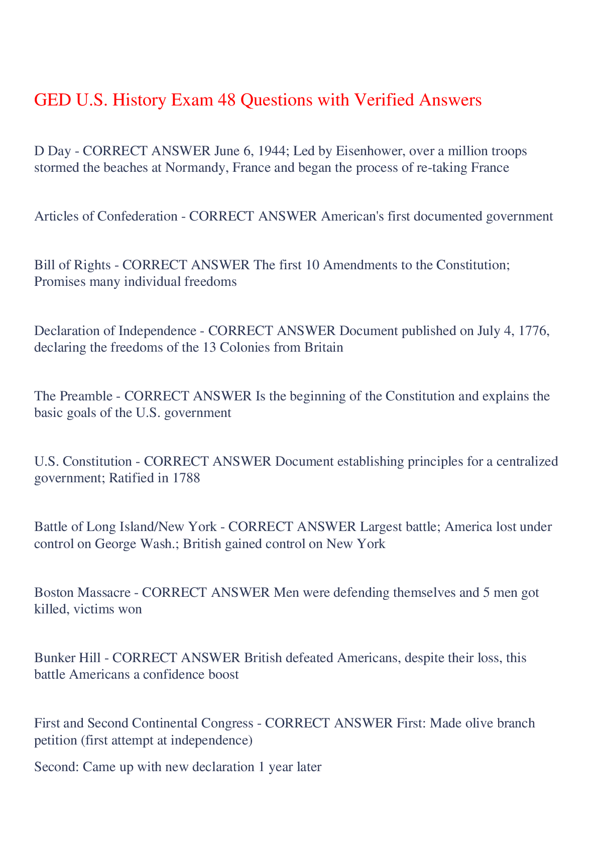 Preview image of GED U.S. History Exam 48 Questions with Verified Answers,100% CORRECT document