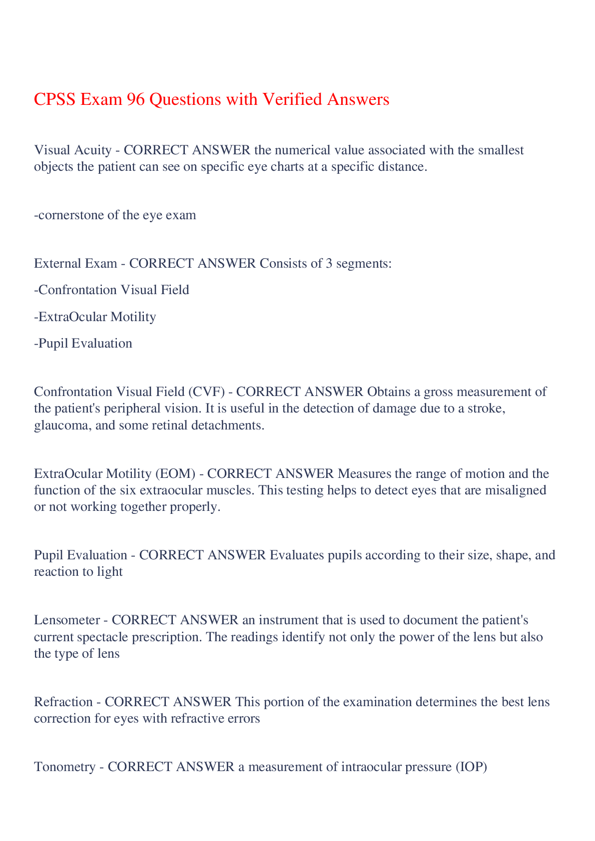 Preview image for CPSS Exam 96 Questions with Verified Answers,100% CORRECT