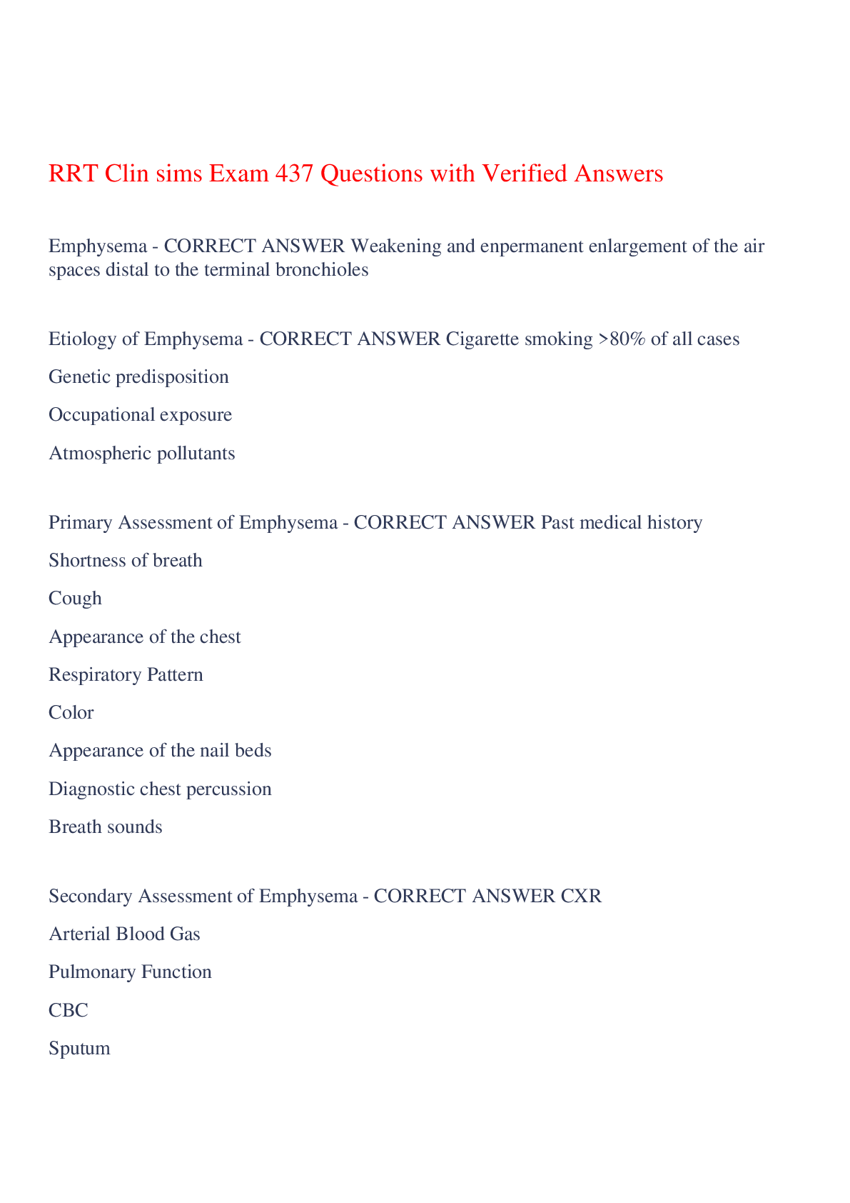 Preview image for RRT Clin sims Exam 437 Questions with Verified Answers,100% CORRECT
