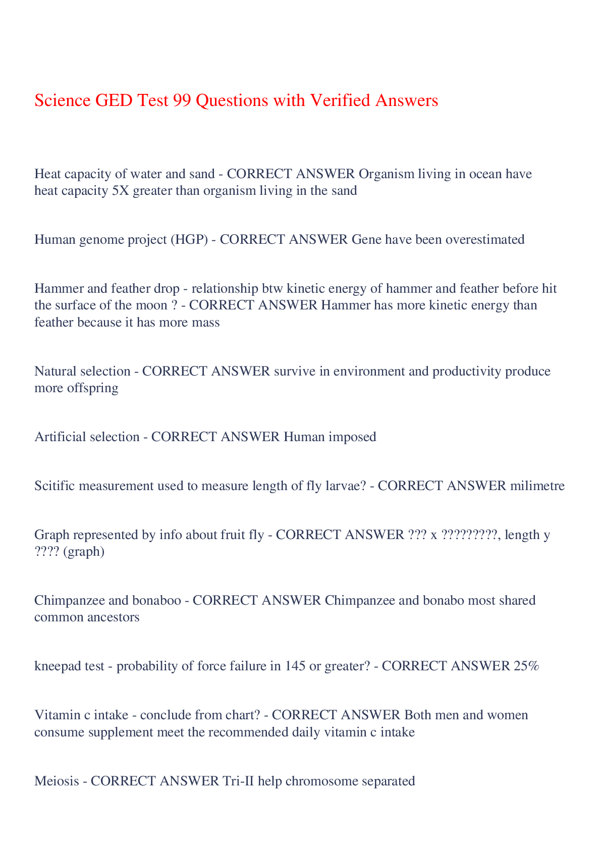 Preview of Science GED Test 99 Questions with Verified Answers,100% CORRECT