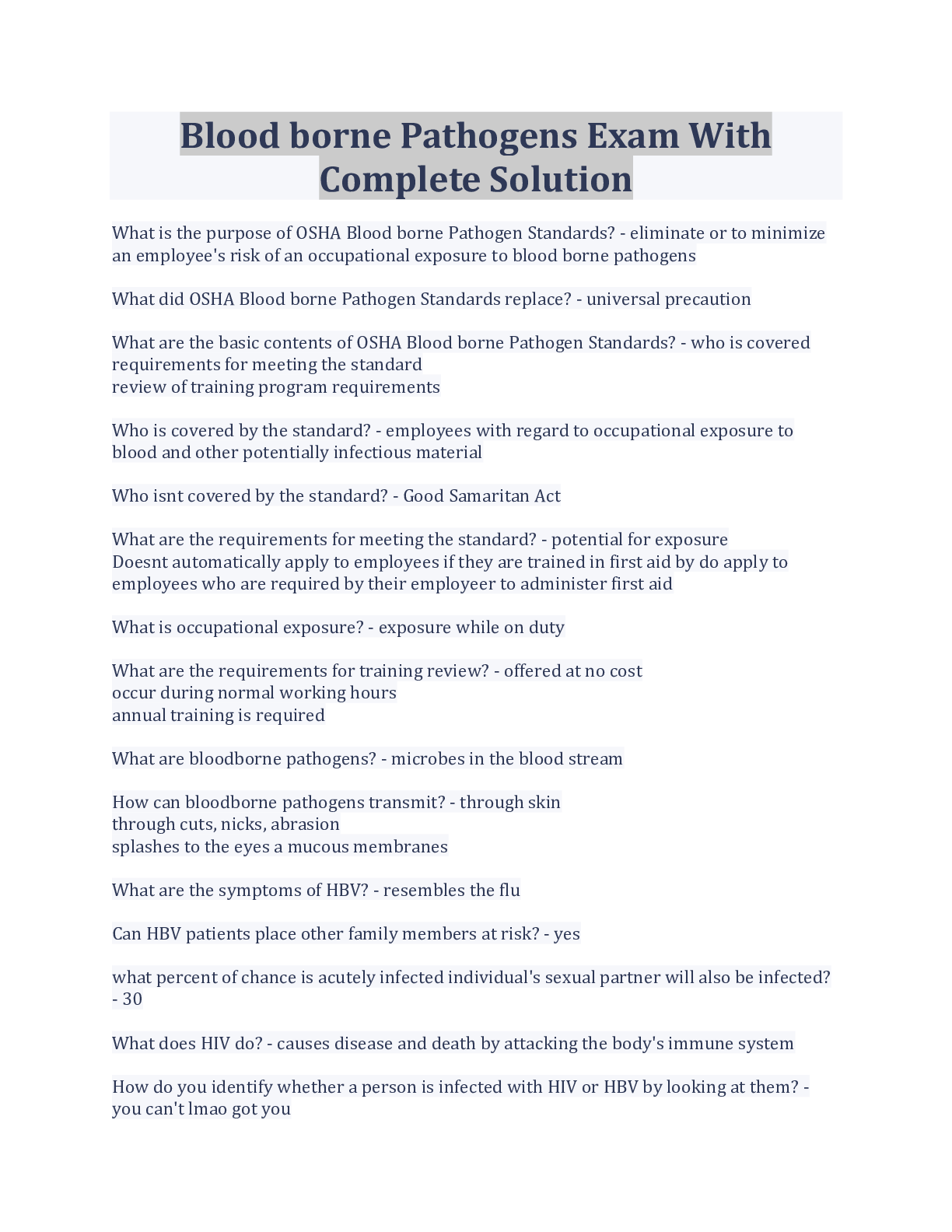 Preview image of Blood borne Pathogens Exam With Complete Solution document
