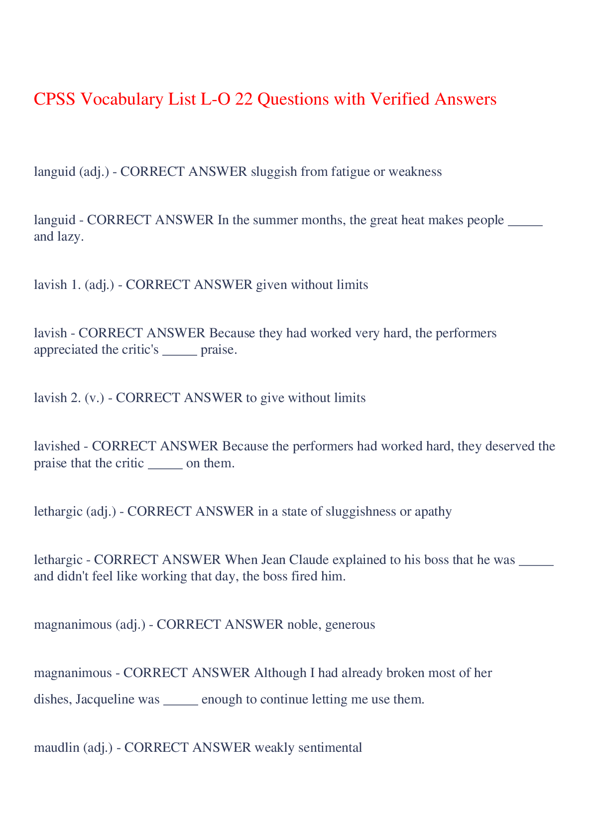 Preview image for CPSS Vocabulary List L-O 22 Questions with Verified Answers,100% CORRECT