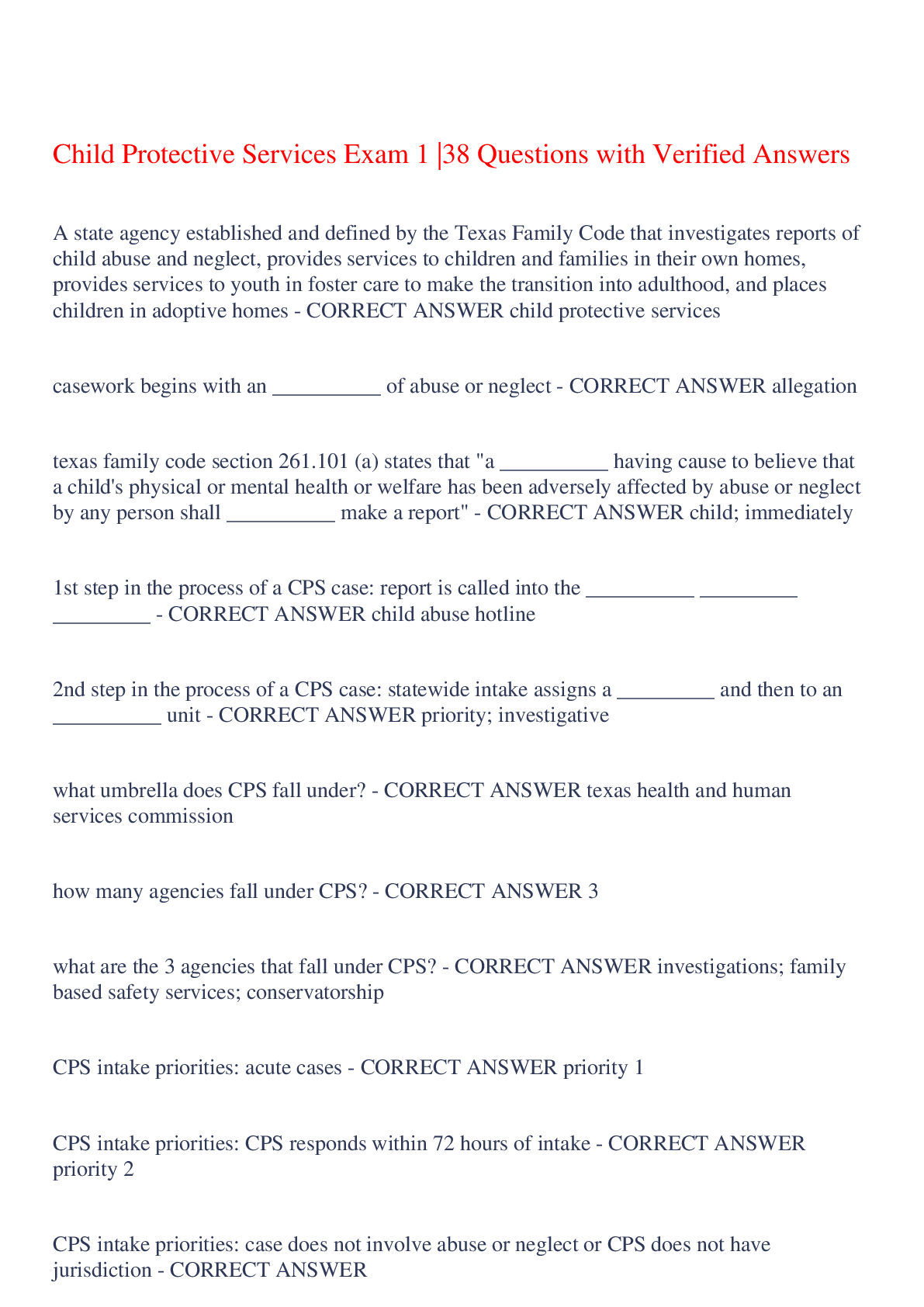 Preview image for Child Protective Services Exam 1 |38 Questions with Verified Answers,100% CORRECT