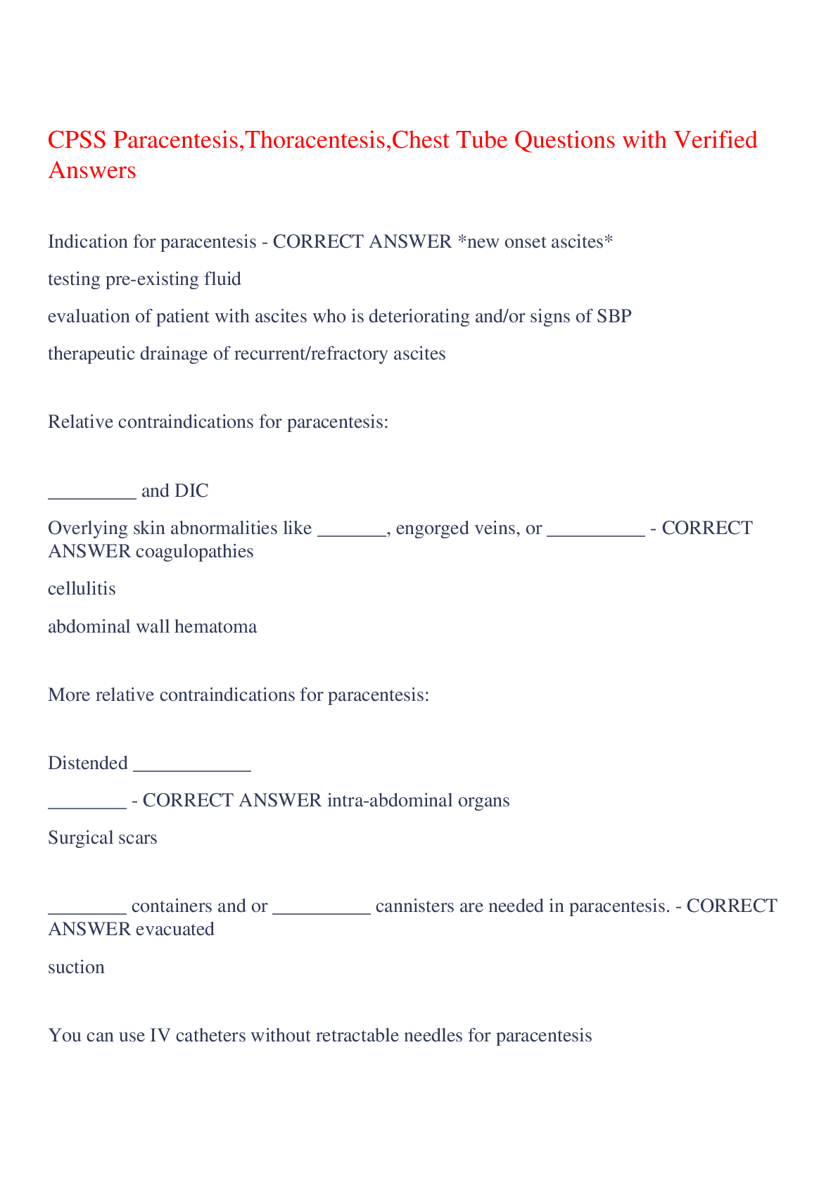 Preview image for CPSS Paracentesis,Thoracentesis,Chest Tube Questions with Verified Answers,100% CORRECT