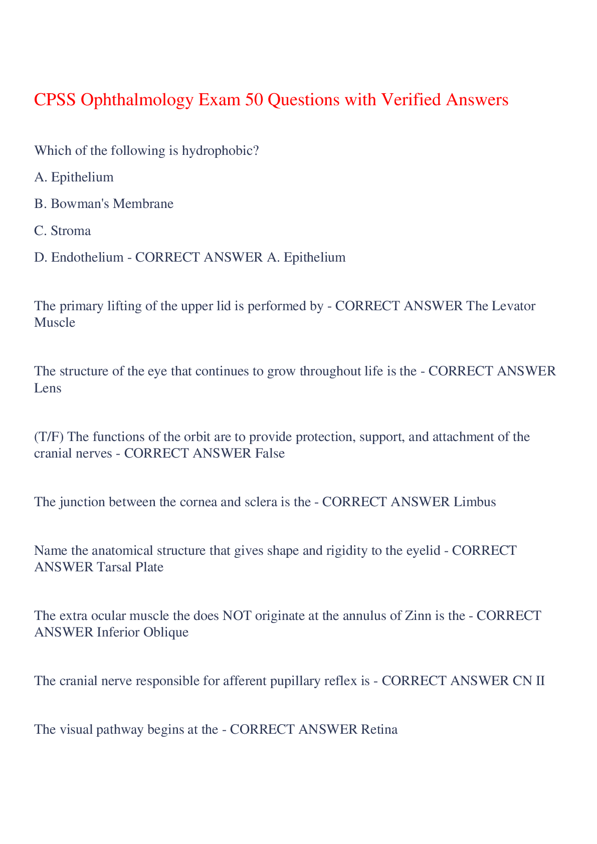 Preview image for CPSS Ophthalmology Exam 50 Questions with Verified Answers,100% CORRECT