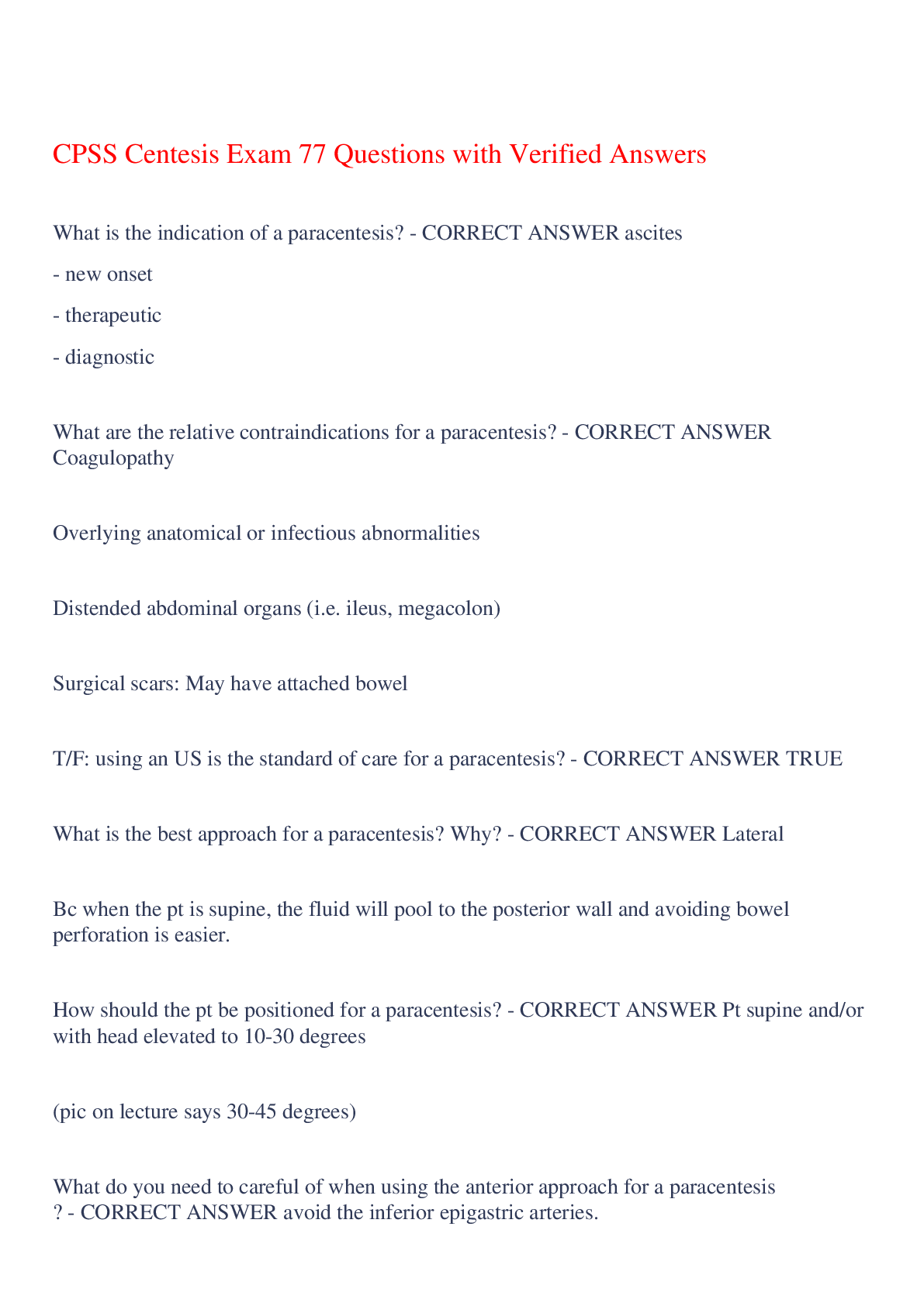 Preview image for CPSS Centesis Exam 77 Questions with Verified Answers,100% CORRECT