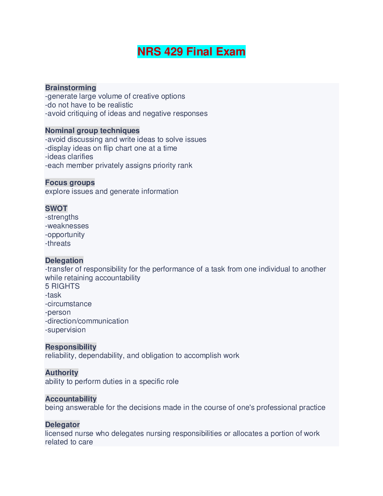 NRS 429 Final Exam - Questions and Answers