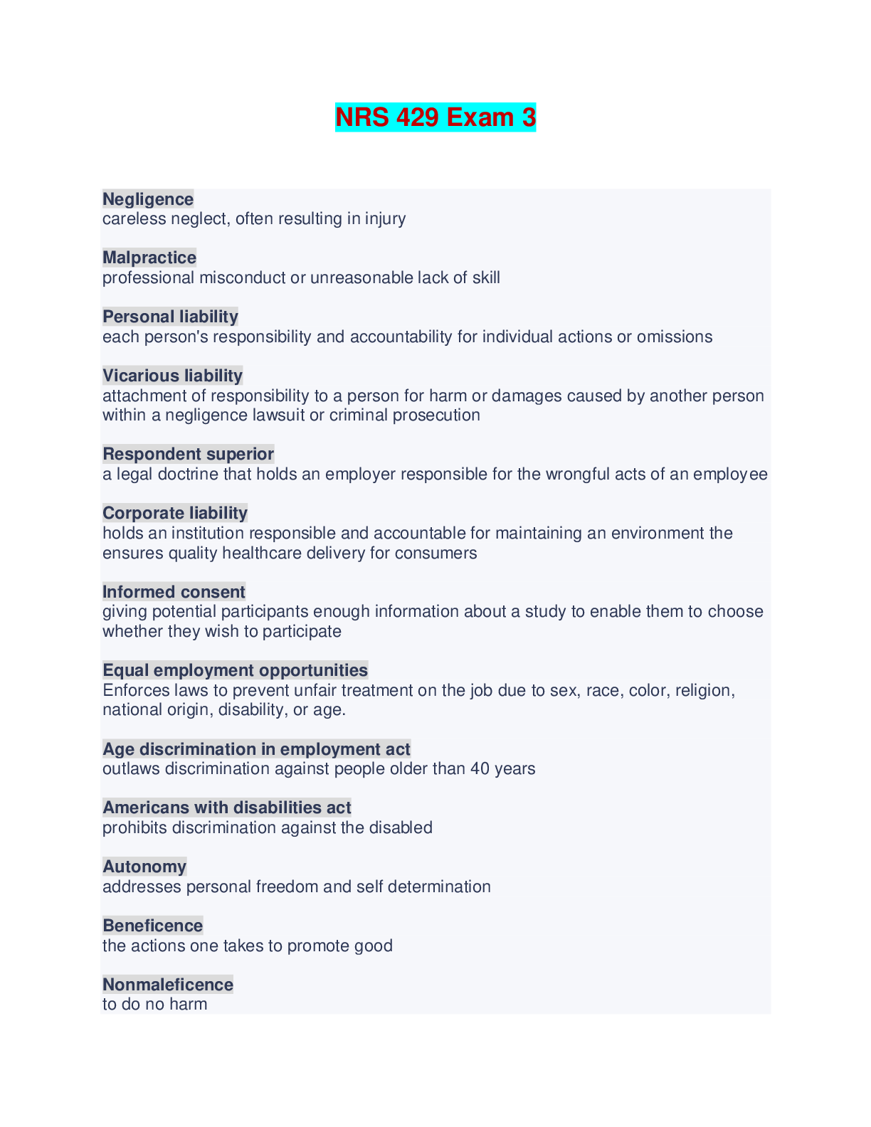 NRS 429 Exam 3 - Questions and Answers