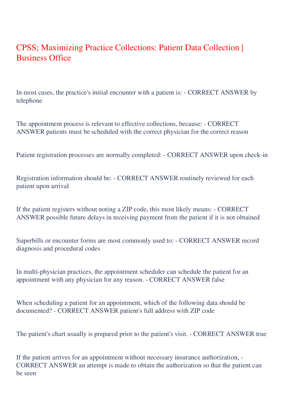 Preview image for CPSS; Maximizing Practice Collections: Patient Data Collection | Business Office,100% CORRECT