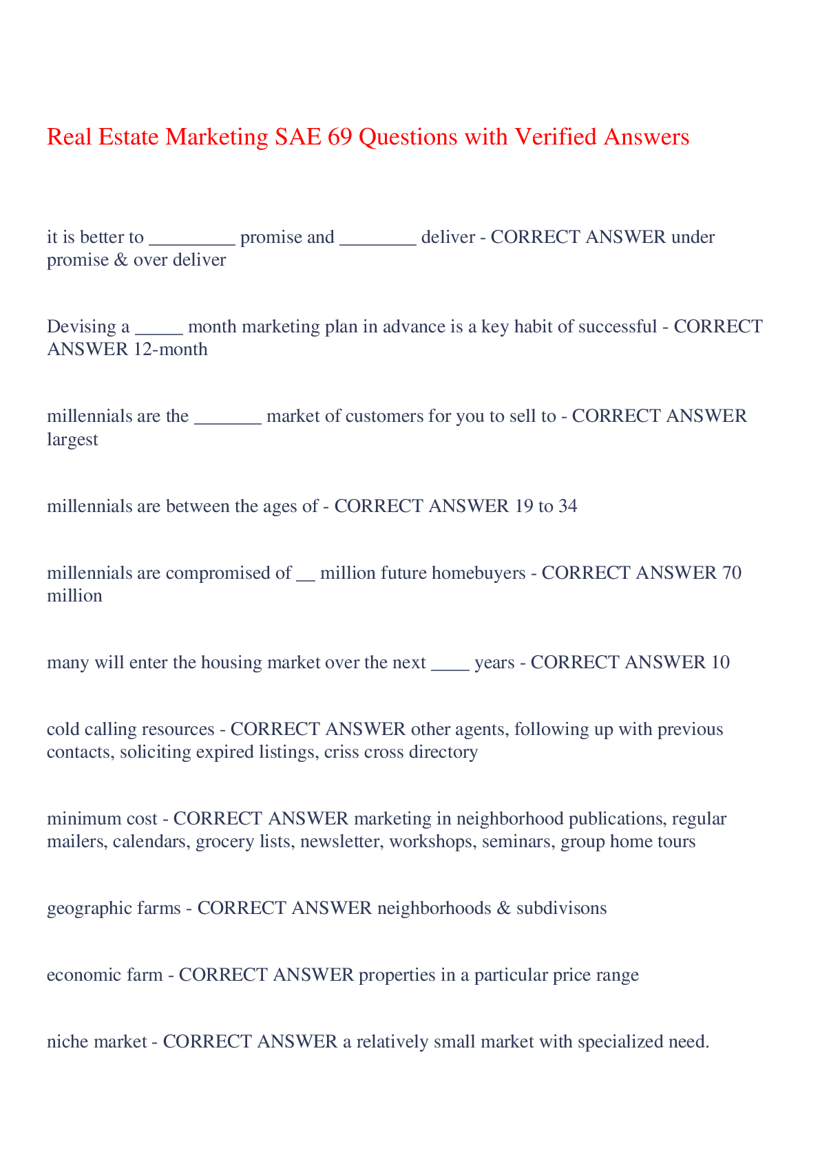 Preview of Real Estate Marketing SAE 69 Questions with Verified Answers,100% CORRECT