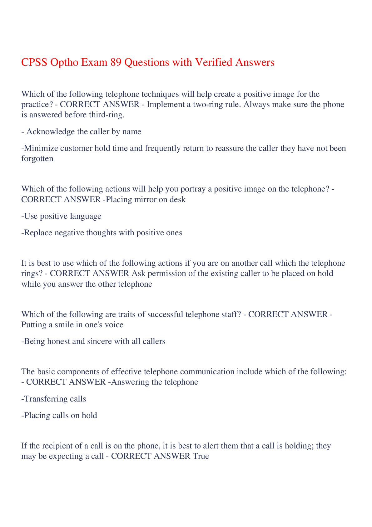 Preview of CPSS Optho Exam 89 Questions with Verified Answers,100% CORRECT