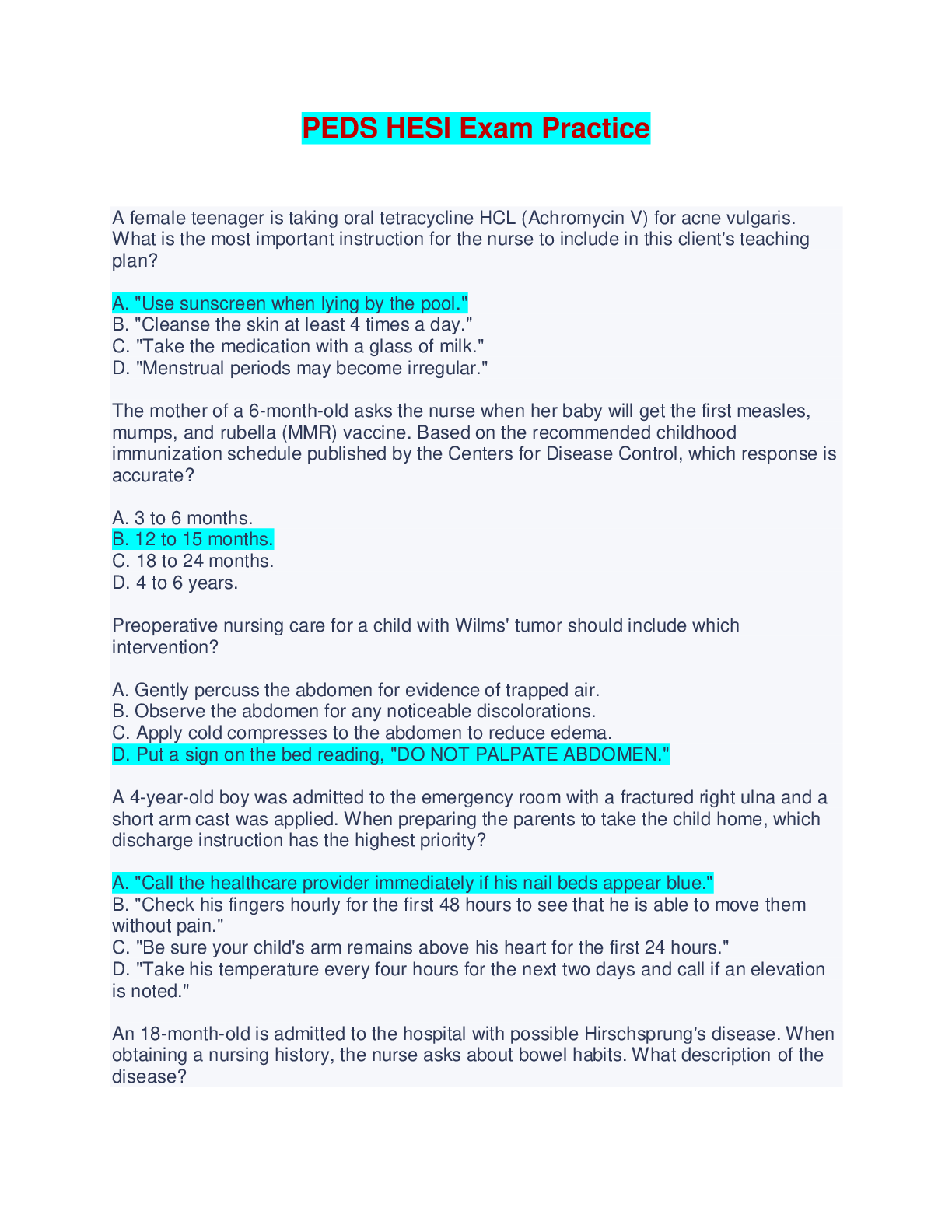 PEDS HESI Exam Practice - Questions with Verified Answers
