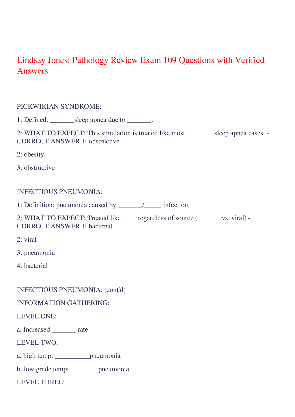 Preview of Lindsay Jones: Pathology Review Exam 109 Questions with Verified Answers,100% CORRECT