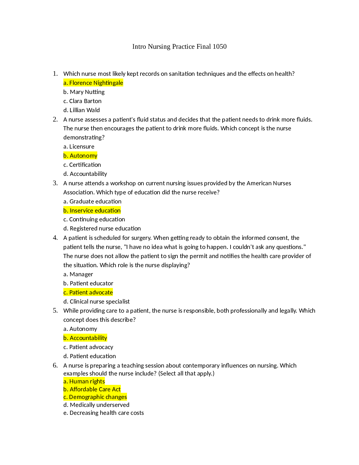 Preview of PHM 2500 Intro Nursing Practice Final 1050 - Questions and Answers