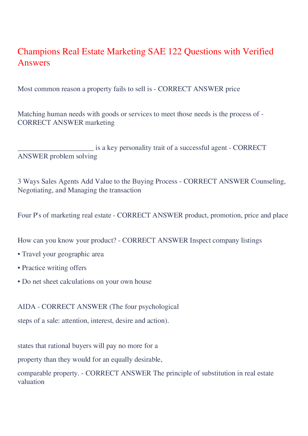 Preview of Champions Real Estate Marketing SAE 122 Questions with Verified Answers,100% CORRECT