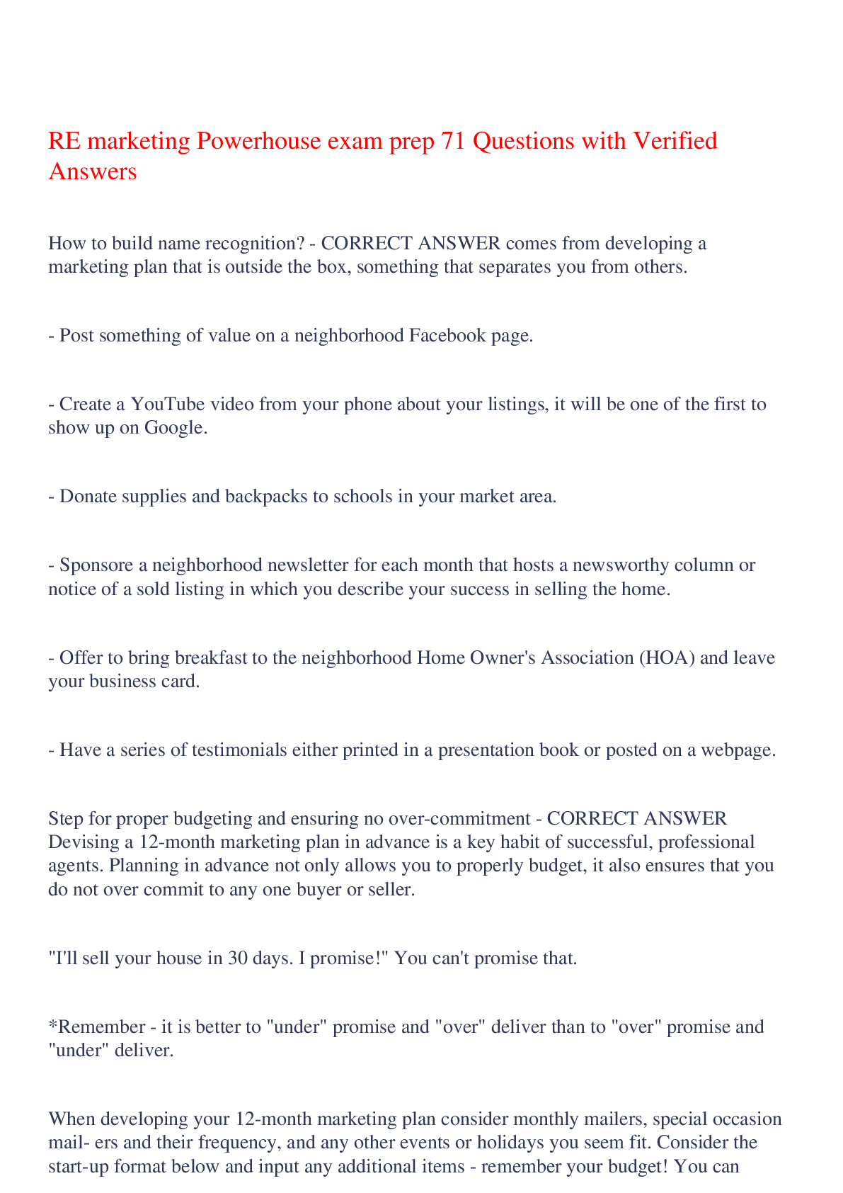 Preview of RE marketing Powerhouse exam prep 71 Questions with Verified Answers,100% CORRECT