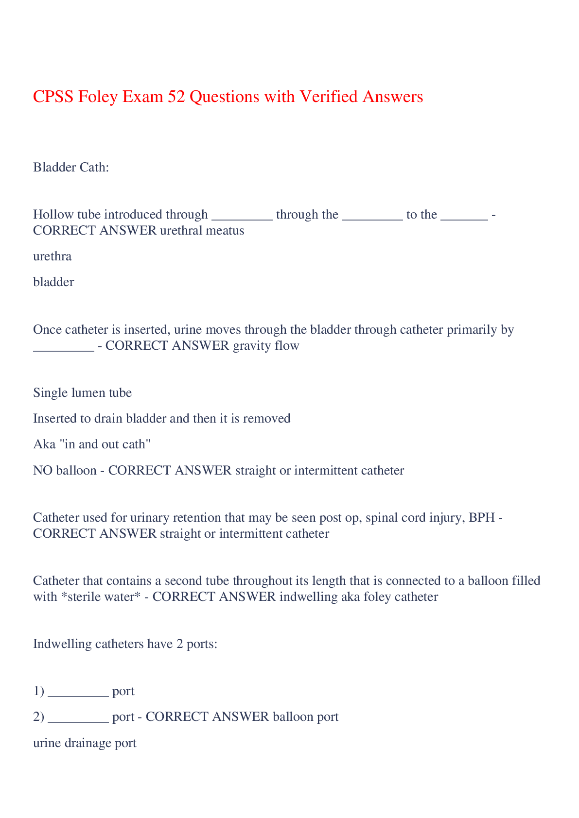 Preview of CPSS Foley Exam 52 Questions with Verified Answers,100% CORRECT