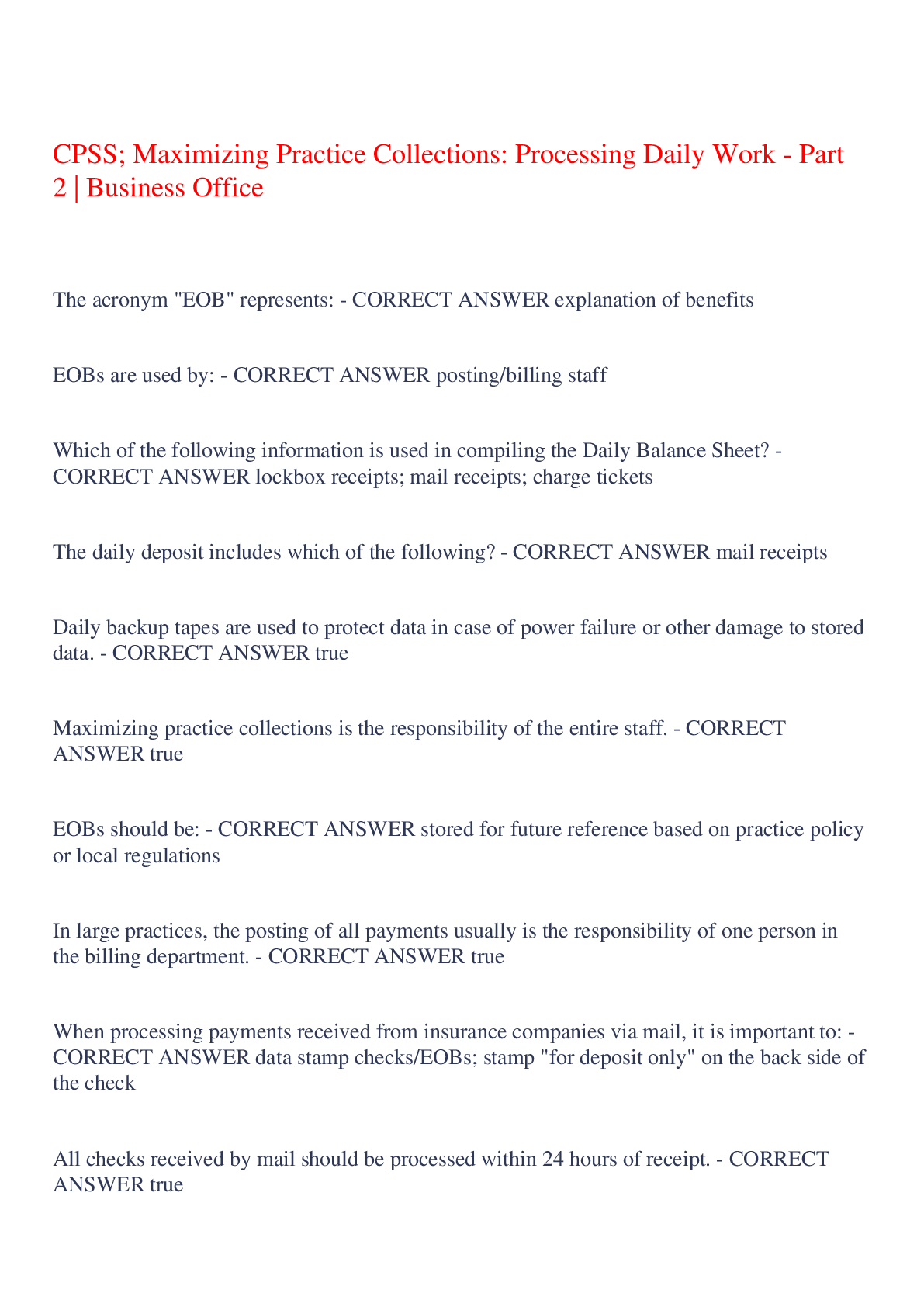 Preview image of CPSS; Maximizing Practice Collections: Processing Daily Work - Part 2 | Business Office,100% CORRECT document