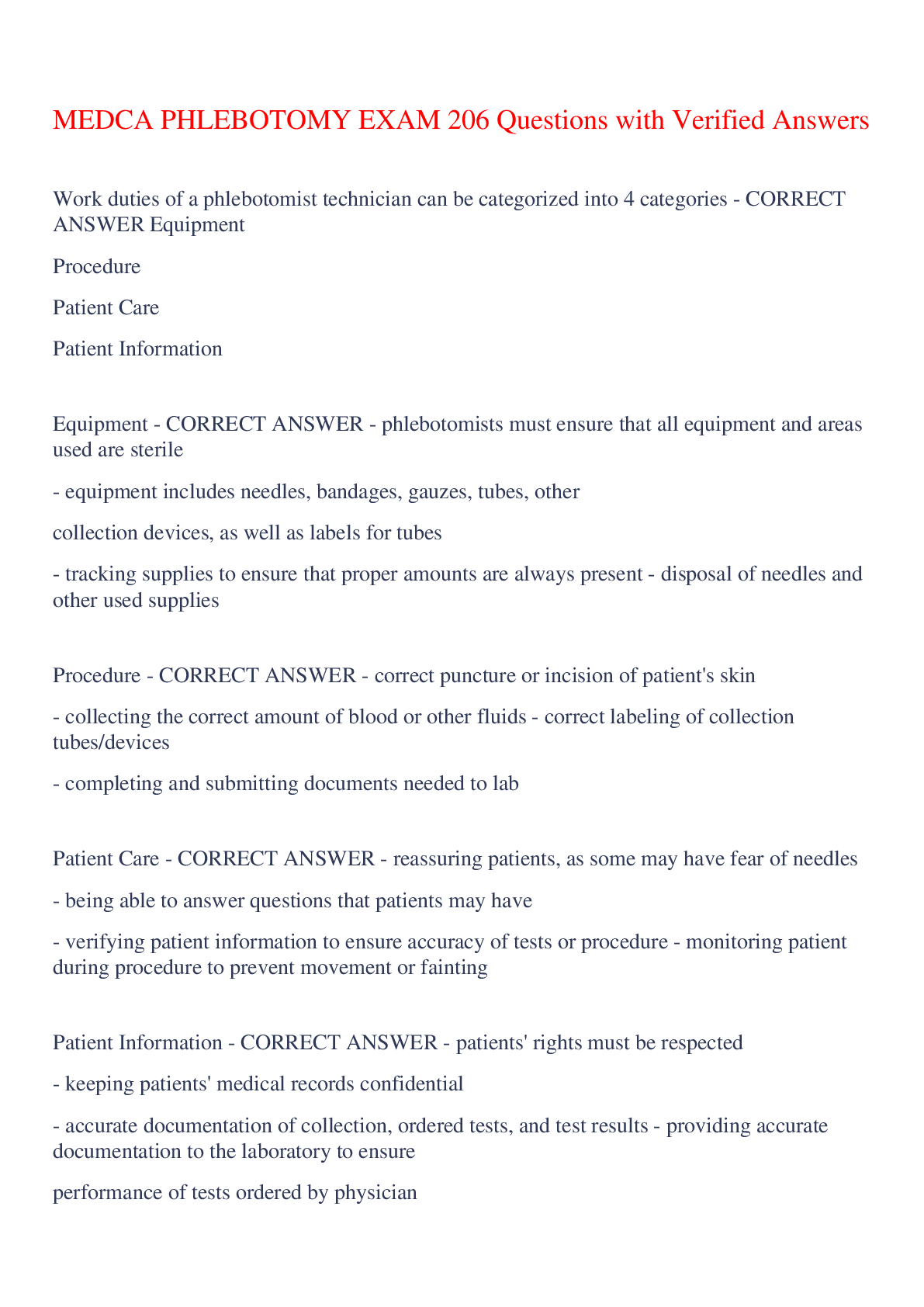 Preview image for MEDCA PHLEBOTOMY EXAM 206 Questions with Verified Answers,100% CORRECT