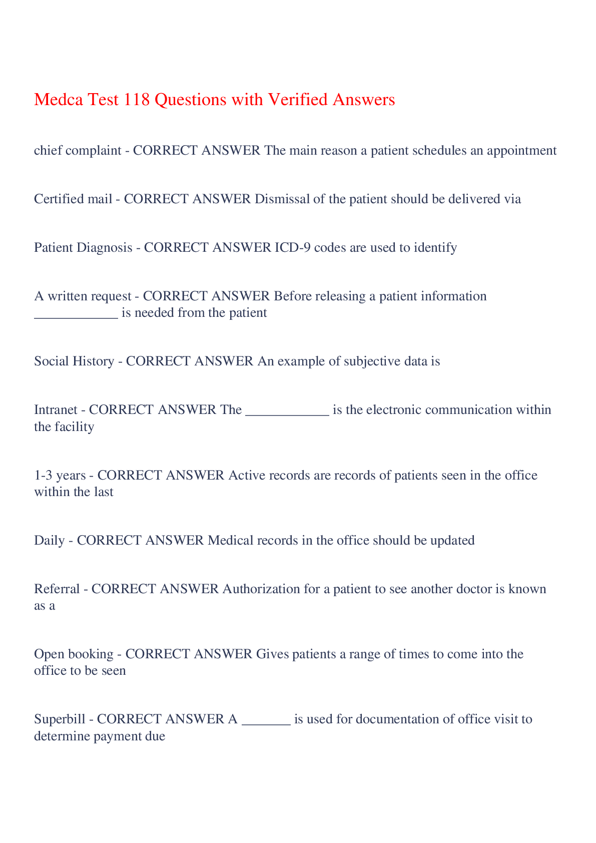Preview image for Medca Test 118 Questions with Verified Answers,100% CORRECT